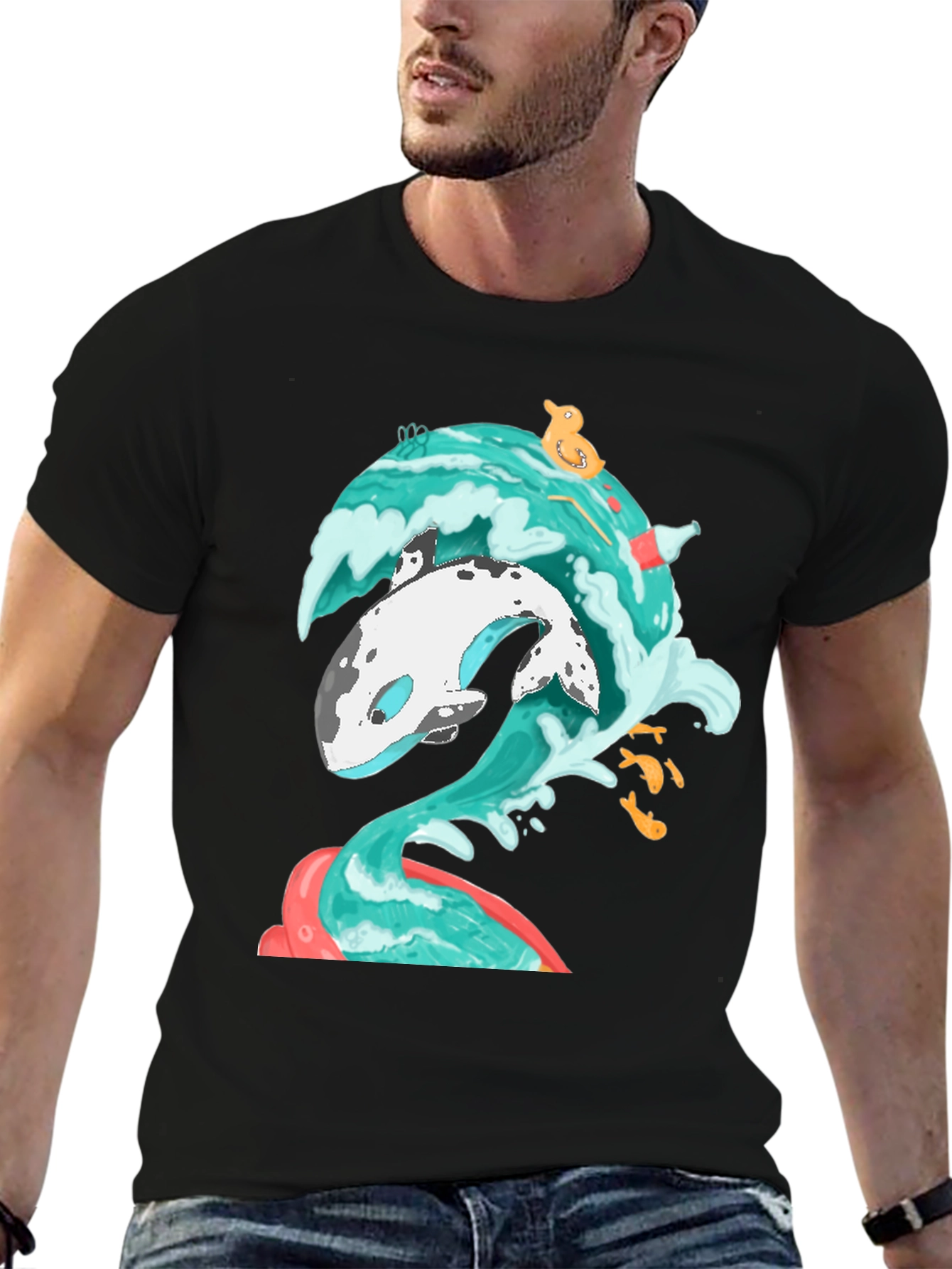 Black Whale Wave Graphic Tee - Unique Ocean Art T-Shirt view 6