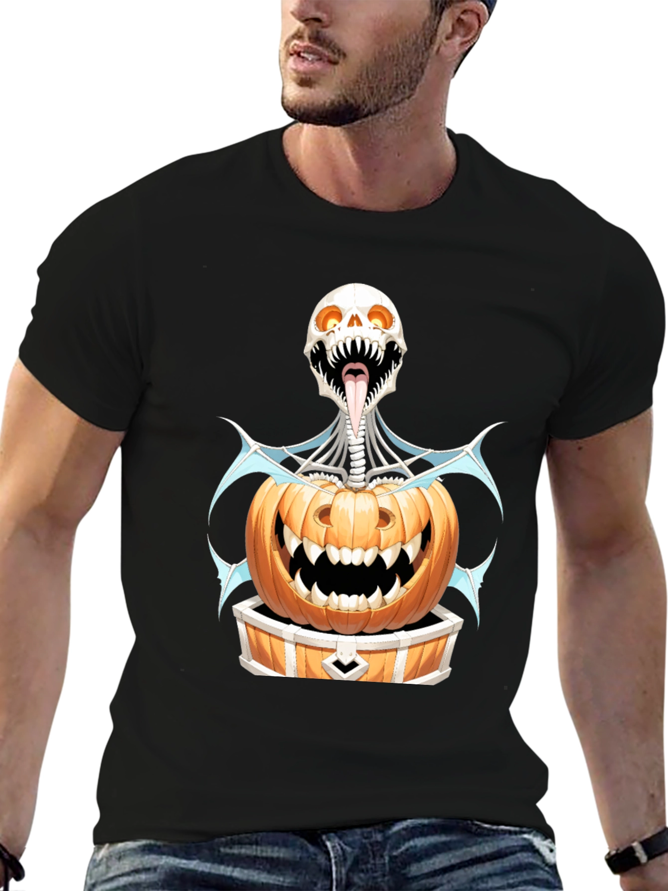 Black Halloween Skeleton Pumpkin Graphic Tee view 6