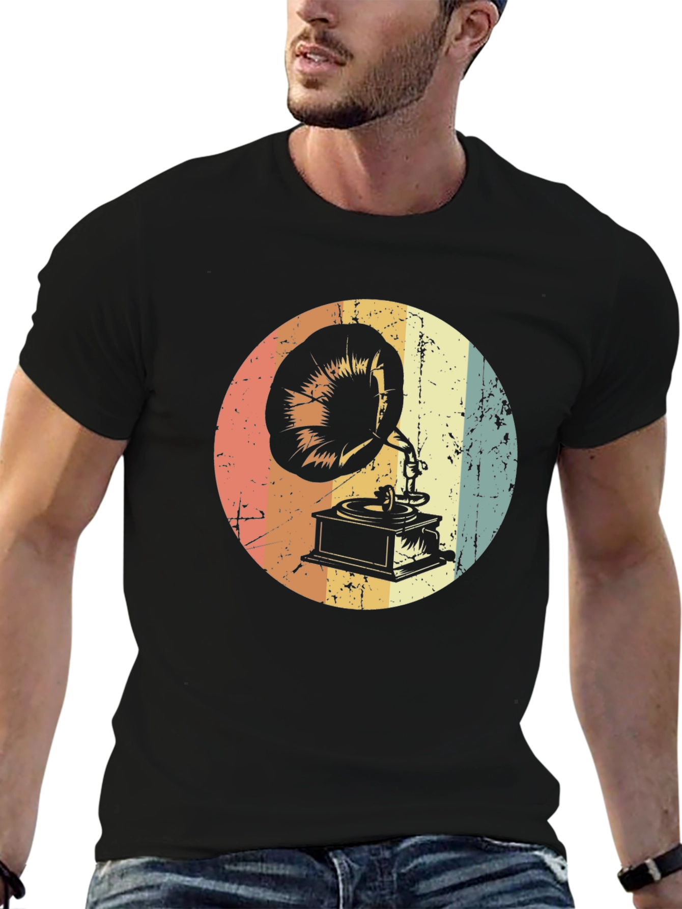 Black Vintage Phonograph Graphic Tee - Retro Music Lover Shirt view 6