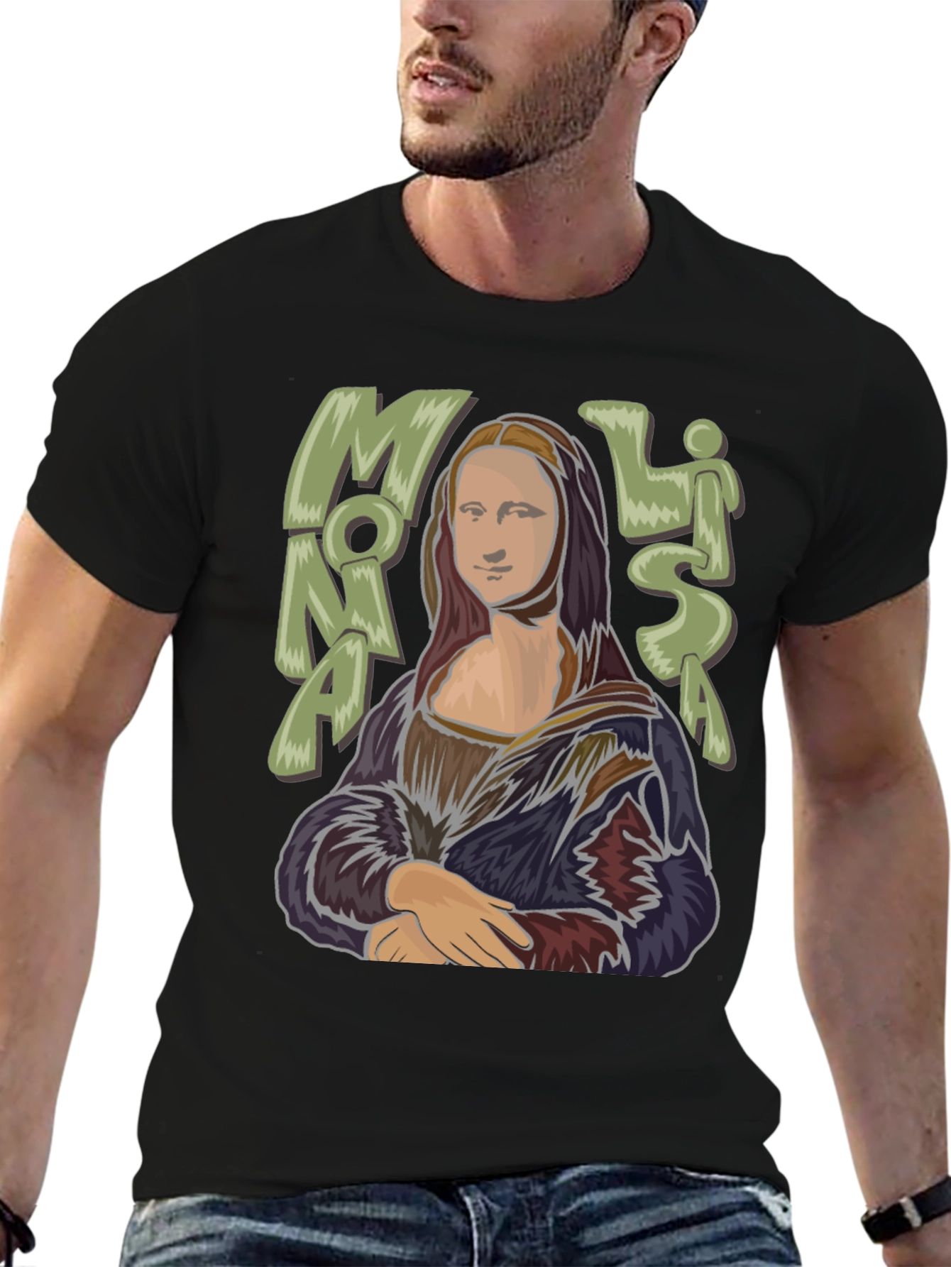 Black Mona Lisa Graphic Tee - Classic Art Style T-Shirt view 6