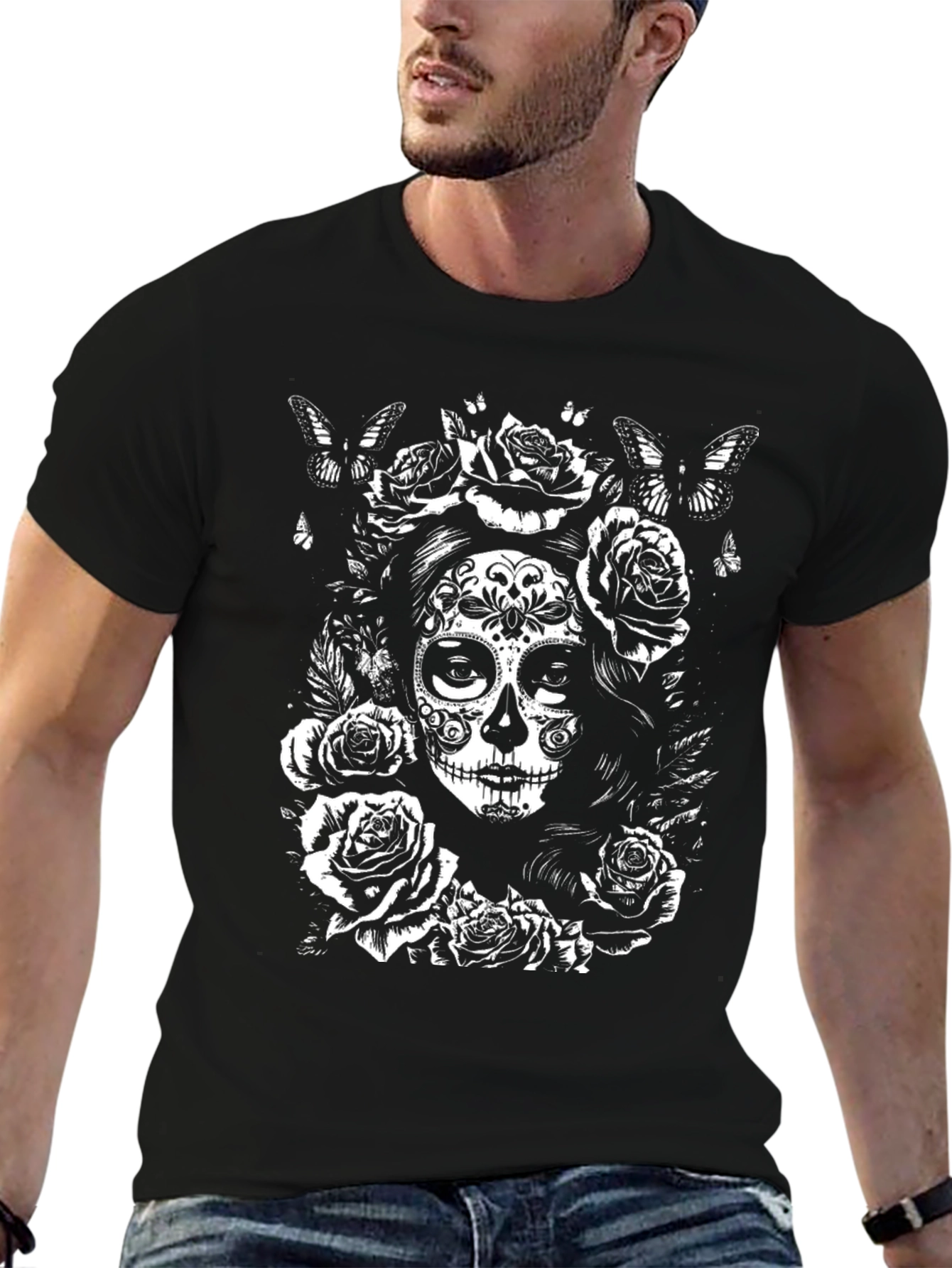 Black Sugar Skull Rose Graphic T-Shirt - Black view 6