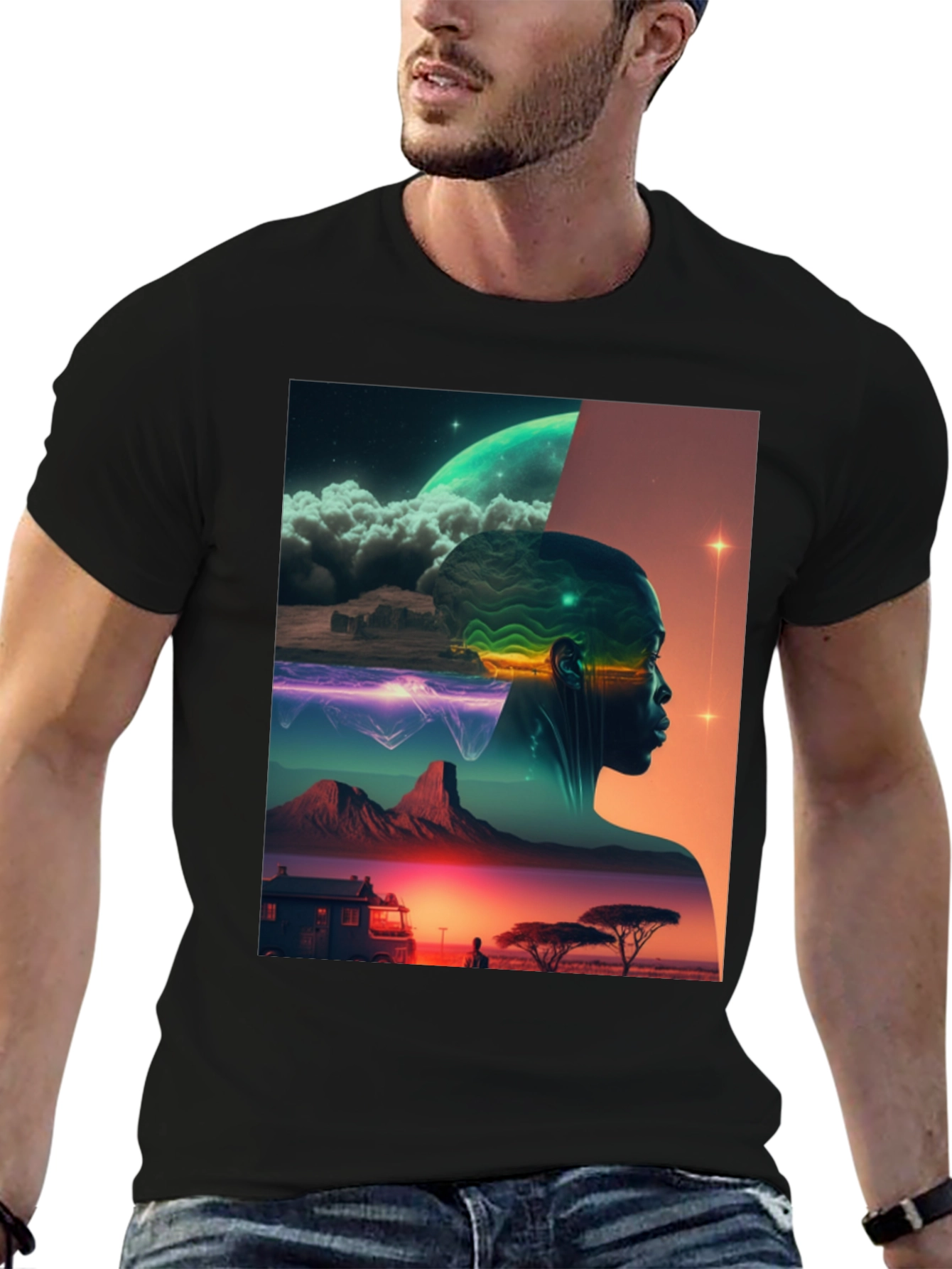 Black Afrofuturism Graphic Tee - Sci-Fi Landscape Black T-Shirt view 6