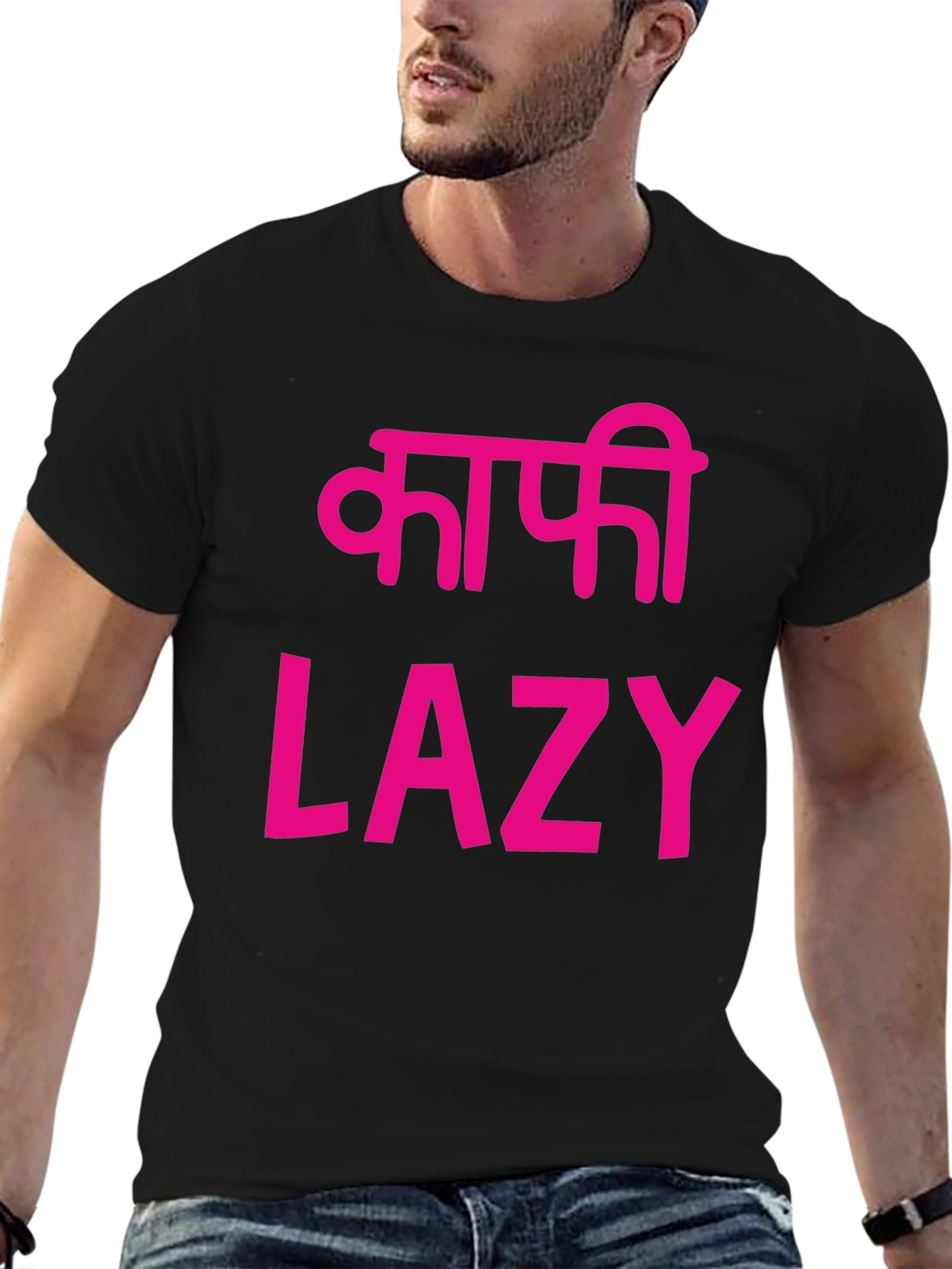 Black Lazy T-Shirt - Black with Pink Print view 6