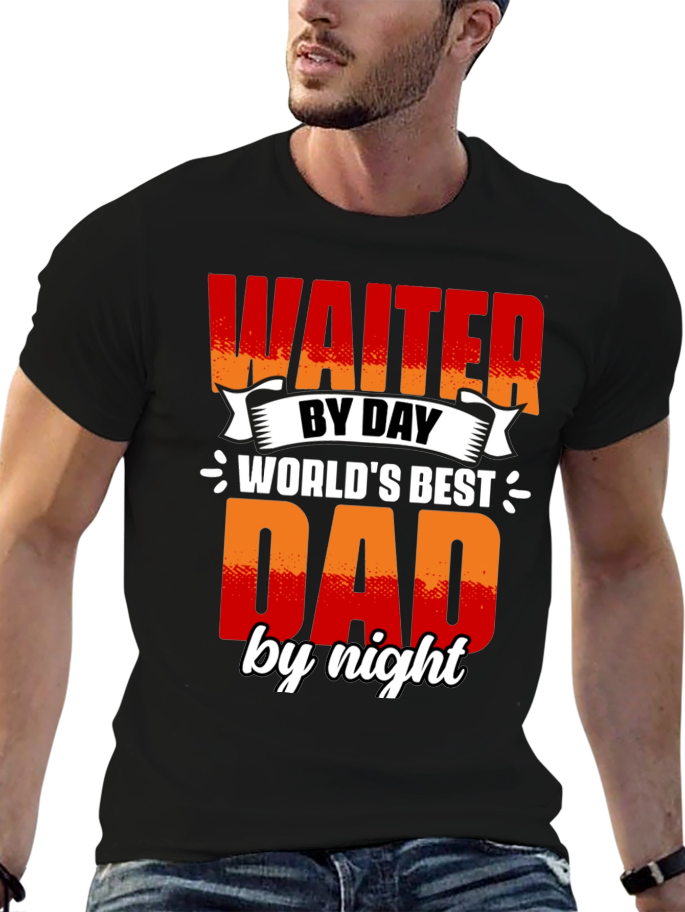 Black Waiter Dad T-Shirt - World's Best Dad view 6