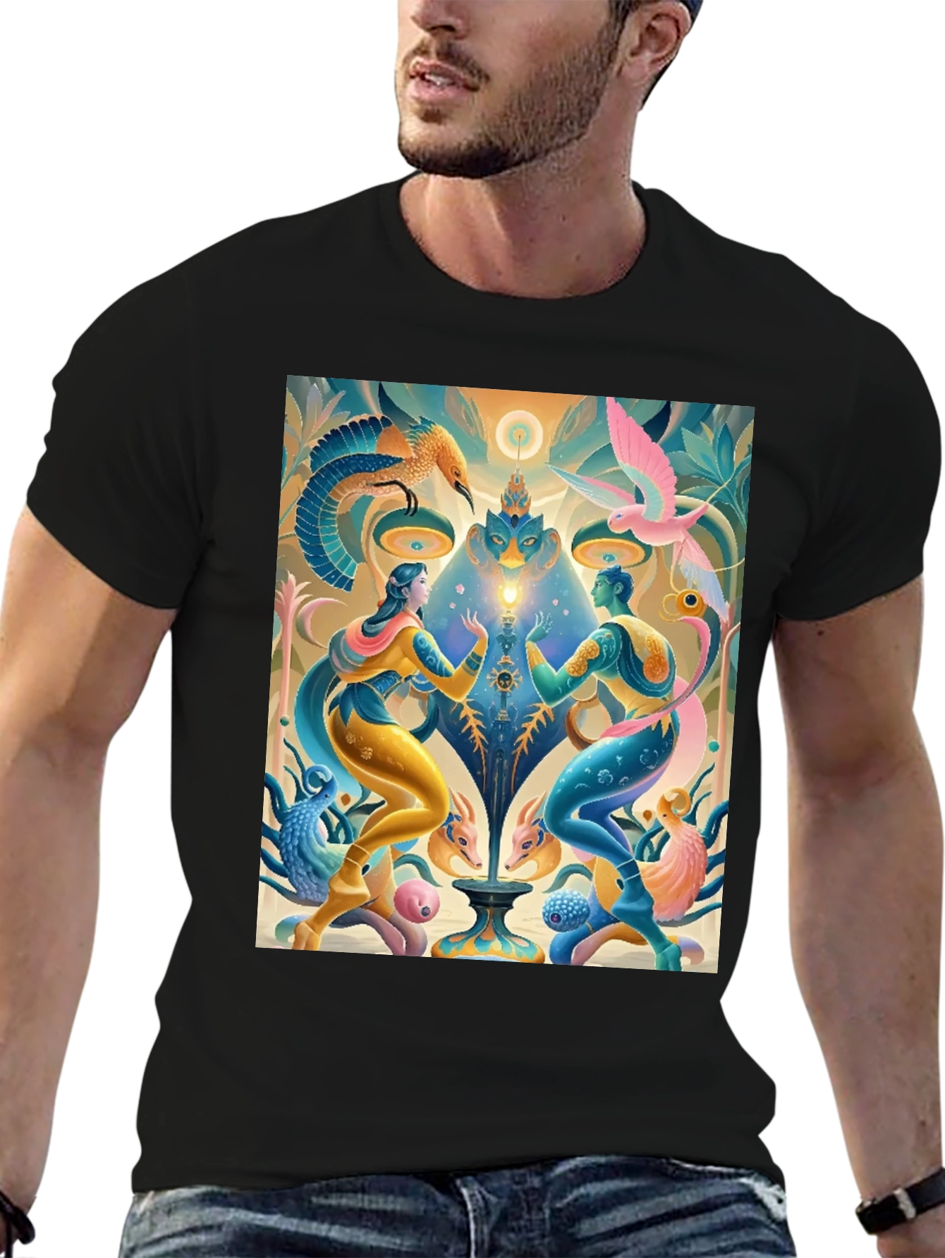 Black Artistic T-Shirt: Mystical Bird and Figure Design view 6