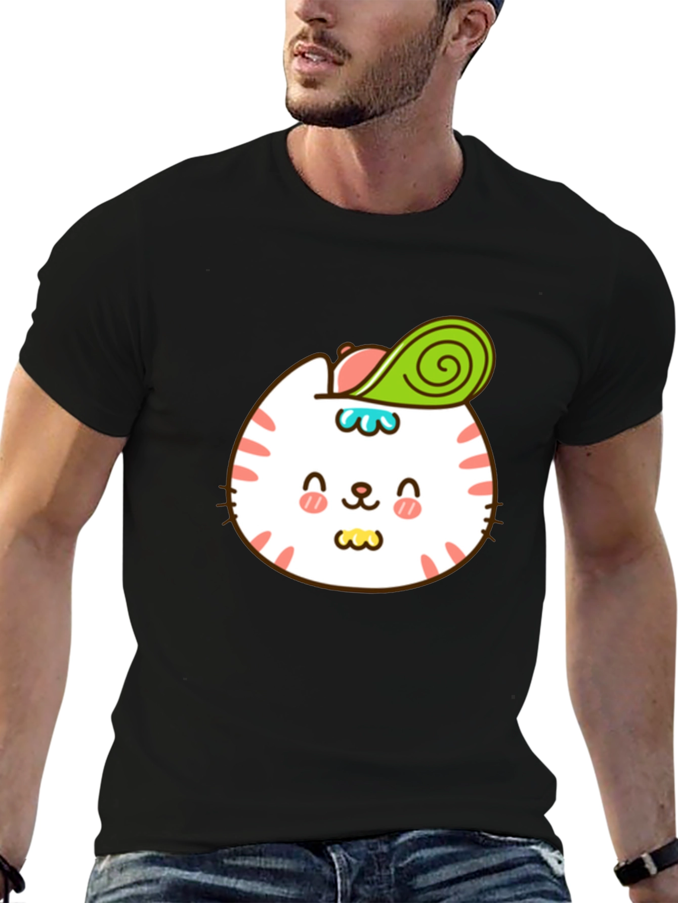 Black Cute Cat Avocado T-Shirt - Stylish Cartoon Design view 6