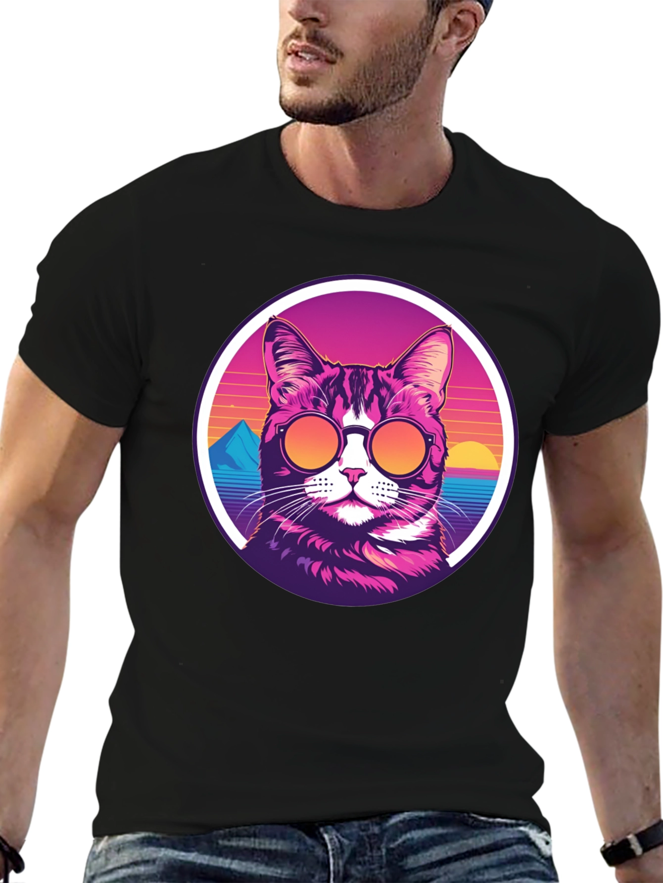 Black Retro Cat T-Shirt - Cool Cat with Shades view 6