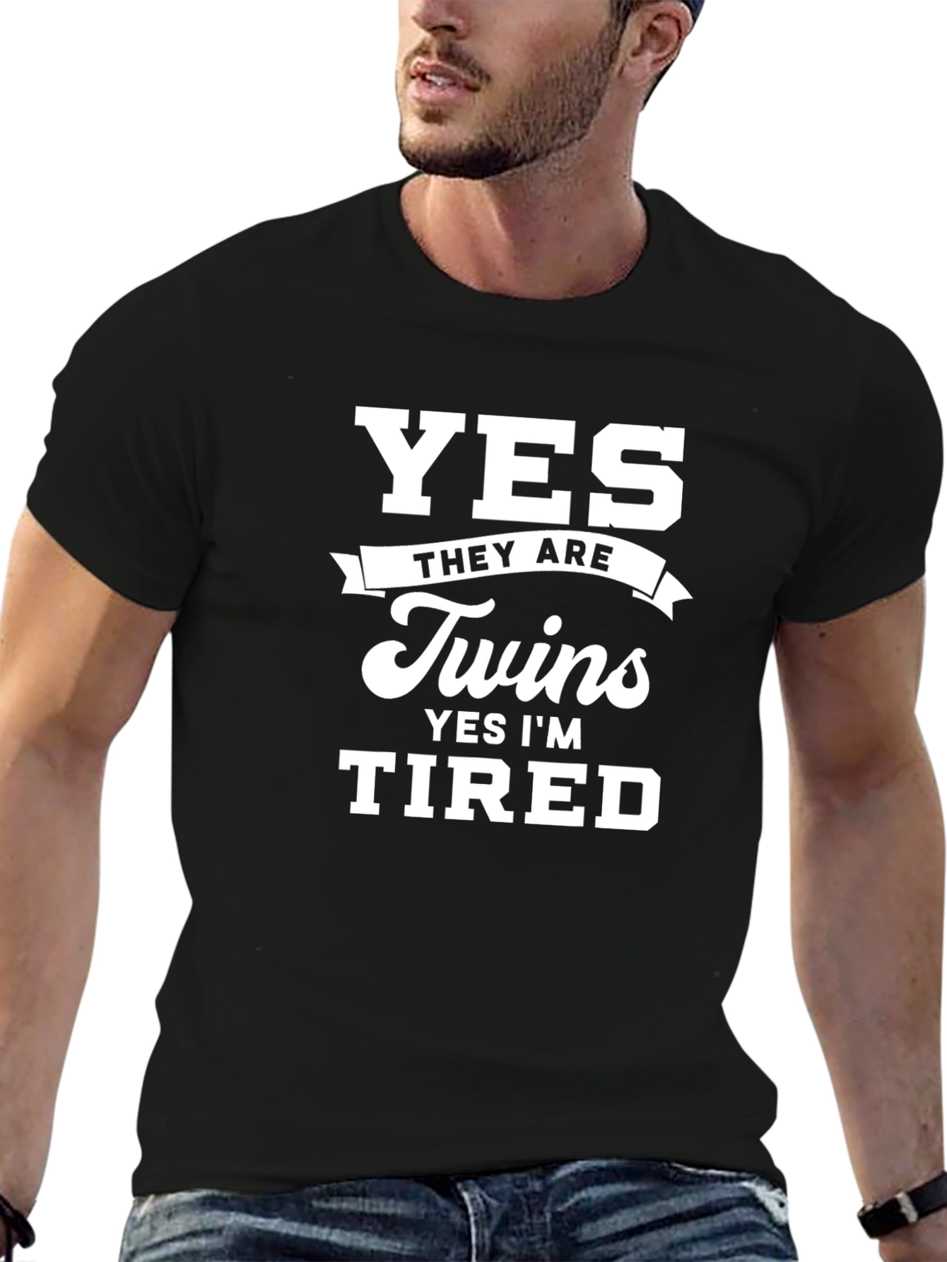 Black Yes Twins Tired T-Shirt - New Parent Humor view 6