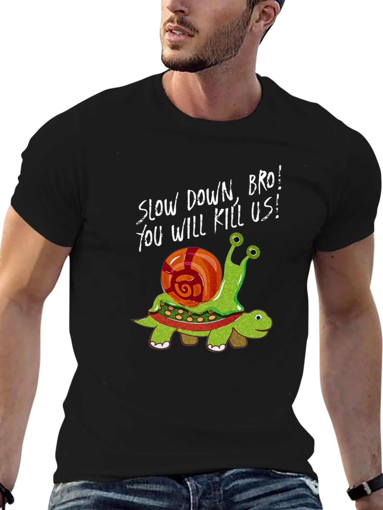 Black Funny Snail Riding Turtle Graphic Tee - Slow Down Bro! view 6