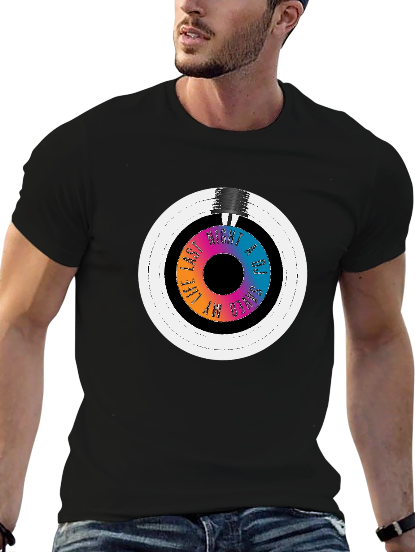 Black Colorful Vinyl Record Graphic Tee - Black Cotton Blend T-Shirt view 6