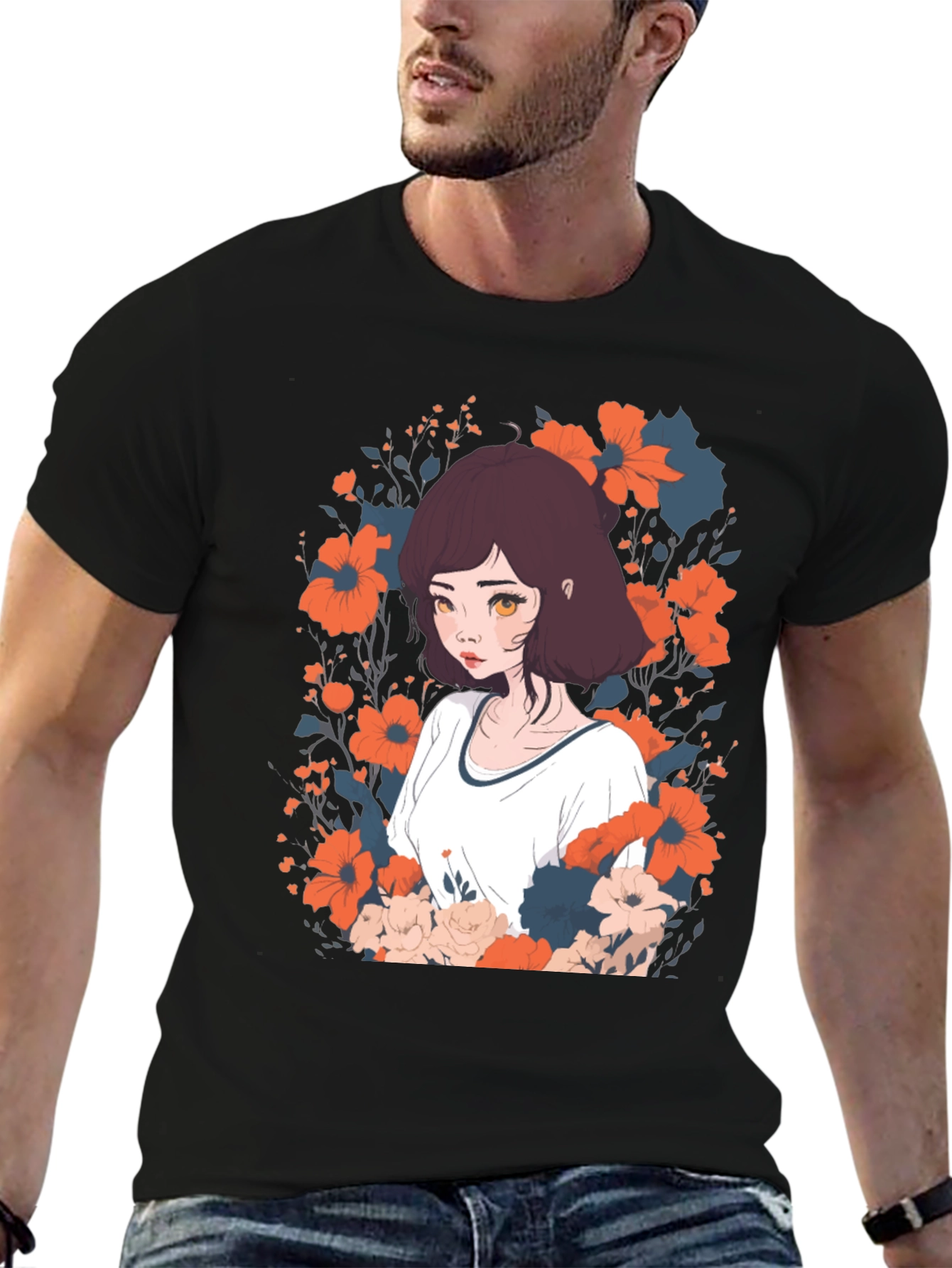 Black Floral Anime Girl Graphic Tee - Unisex Black T-Shirt view 6