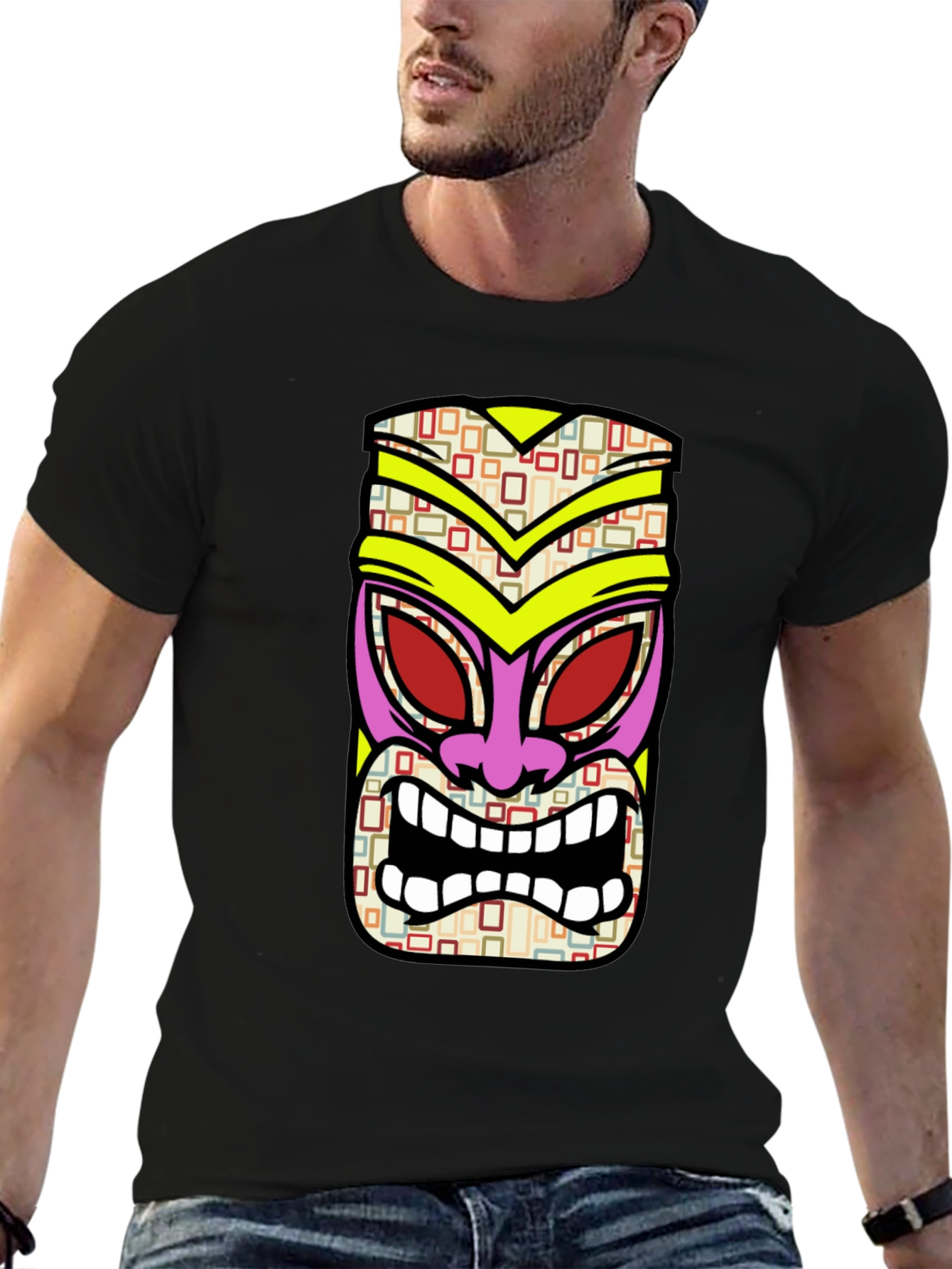 Black Tiki Mask Graphic Tee - Black Cotton T-Shirt view 6