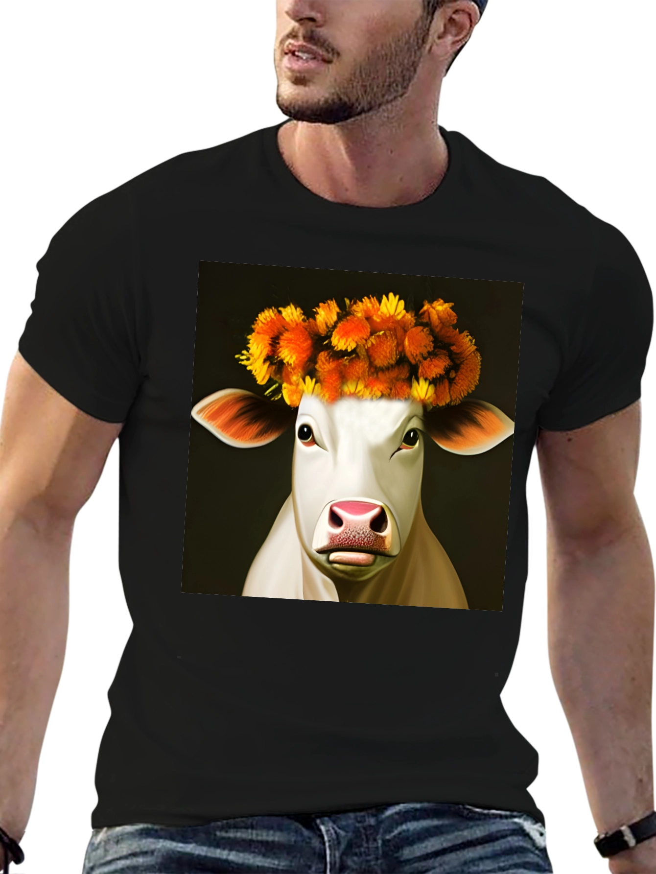 Black Cow with Flower Crown Graphic Tee - Black view 6