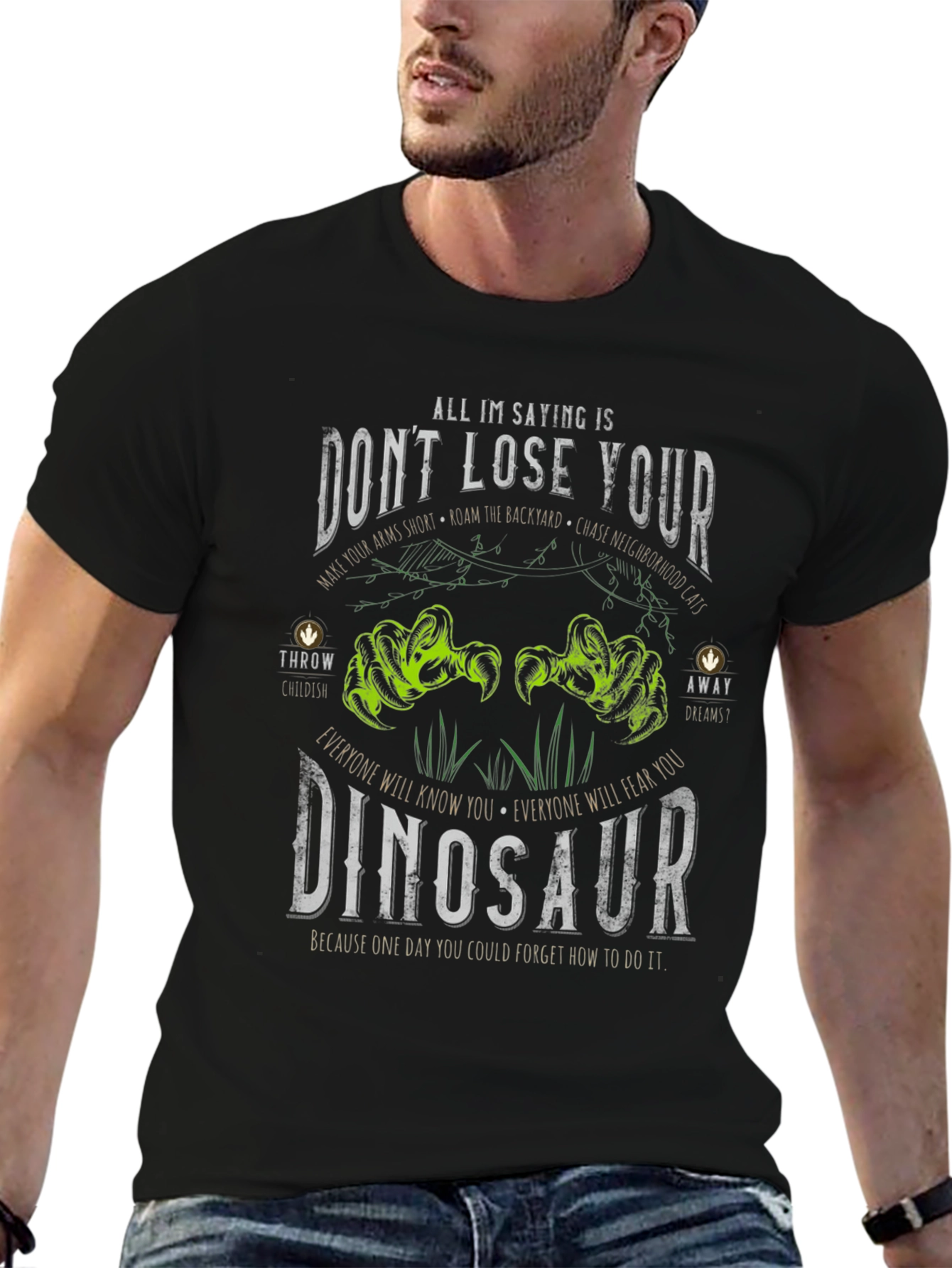 Black Don't Lose Your Dinosaur Graphic Tee - Black Cotton T-Shirt view 6