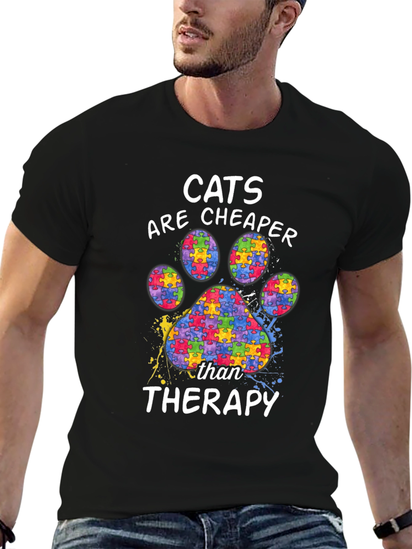 Black Cats are Cheaper Therapy Autism Awareness Puzzle Paw Print T-Shirt view 6