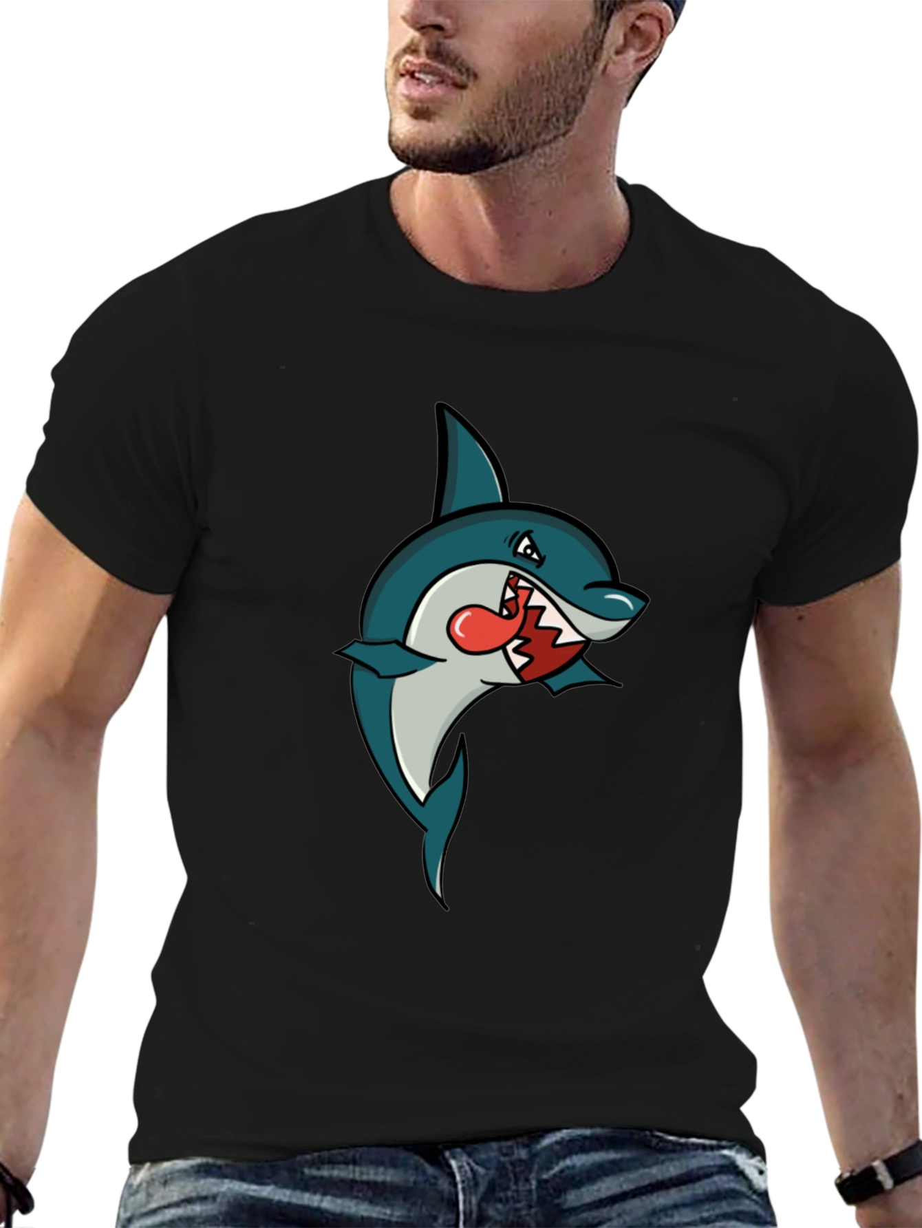 Black Shark Cartoon Graphic Tee - Men's Black T-Shirt view 6