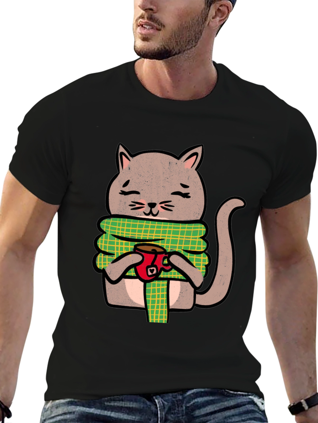 Black Cozy Cat Coffee T-Shirt - Cute Cartoon Tee view 6