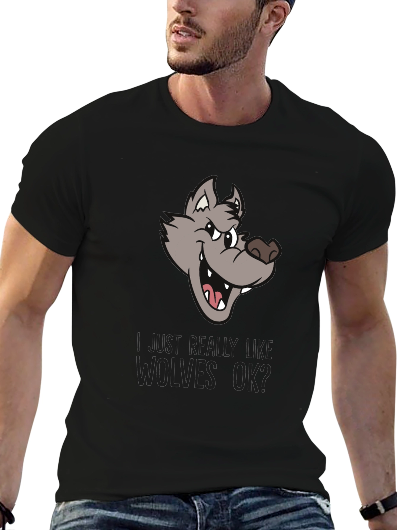 Black Wolf Lover Graphic Tee - "I Just Really Like Wolves OK?" view 6