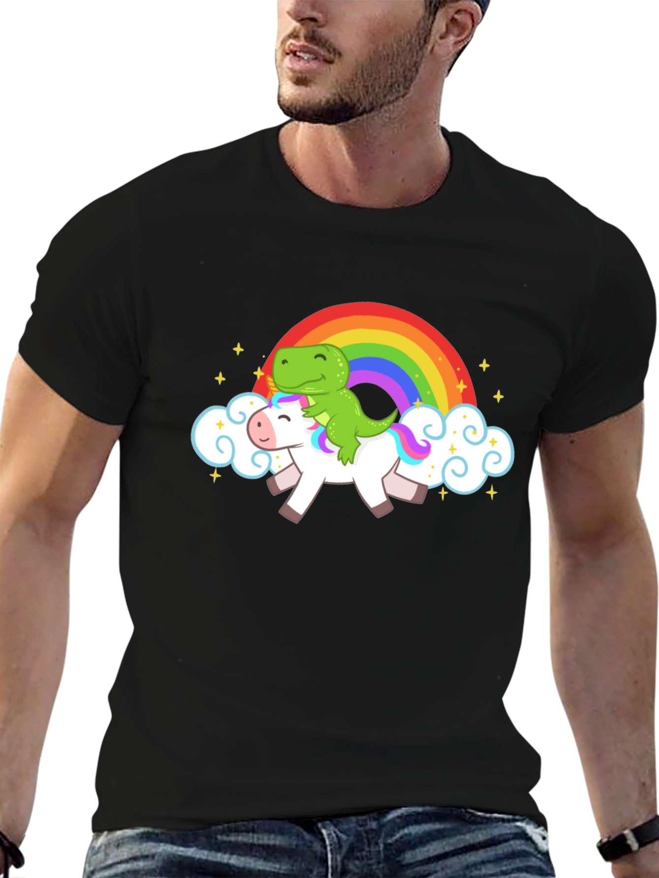 Black Dinosaur Unicorn Rainbow T-Shirt view 6