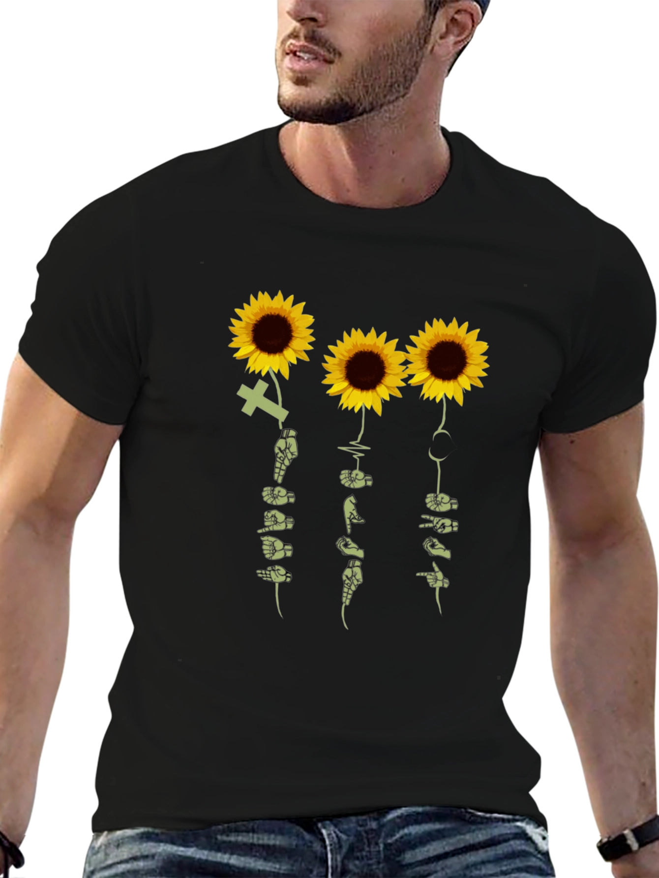 Black Sunflower Sign Language T-Shirt - Black view 6