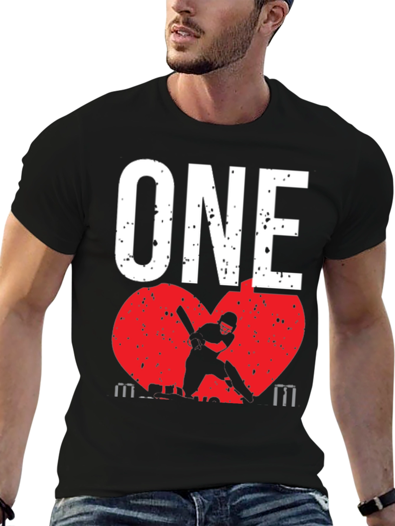 Black ONE Cricket Fan T-Shirt - Red Heart Design view 6