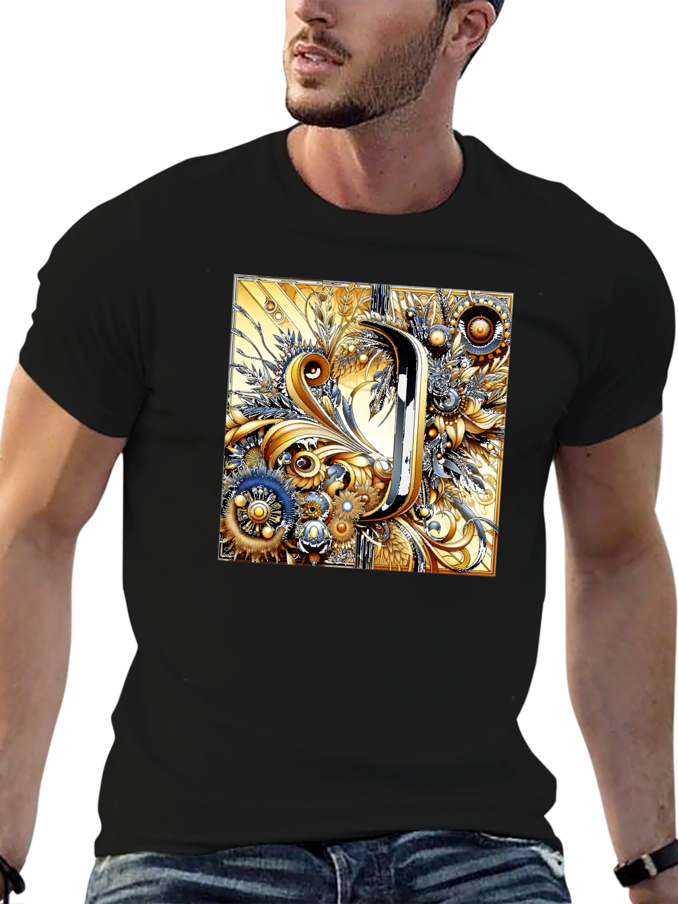 Black Steampunk Letter J T-Shirt - Ornate Floral Design view 6