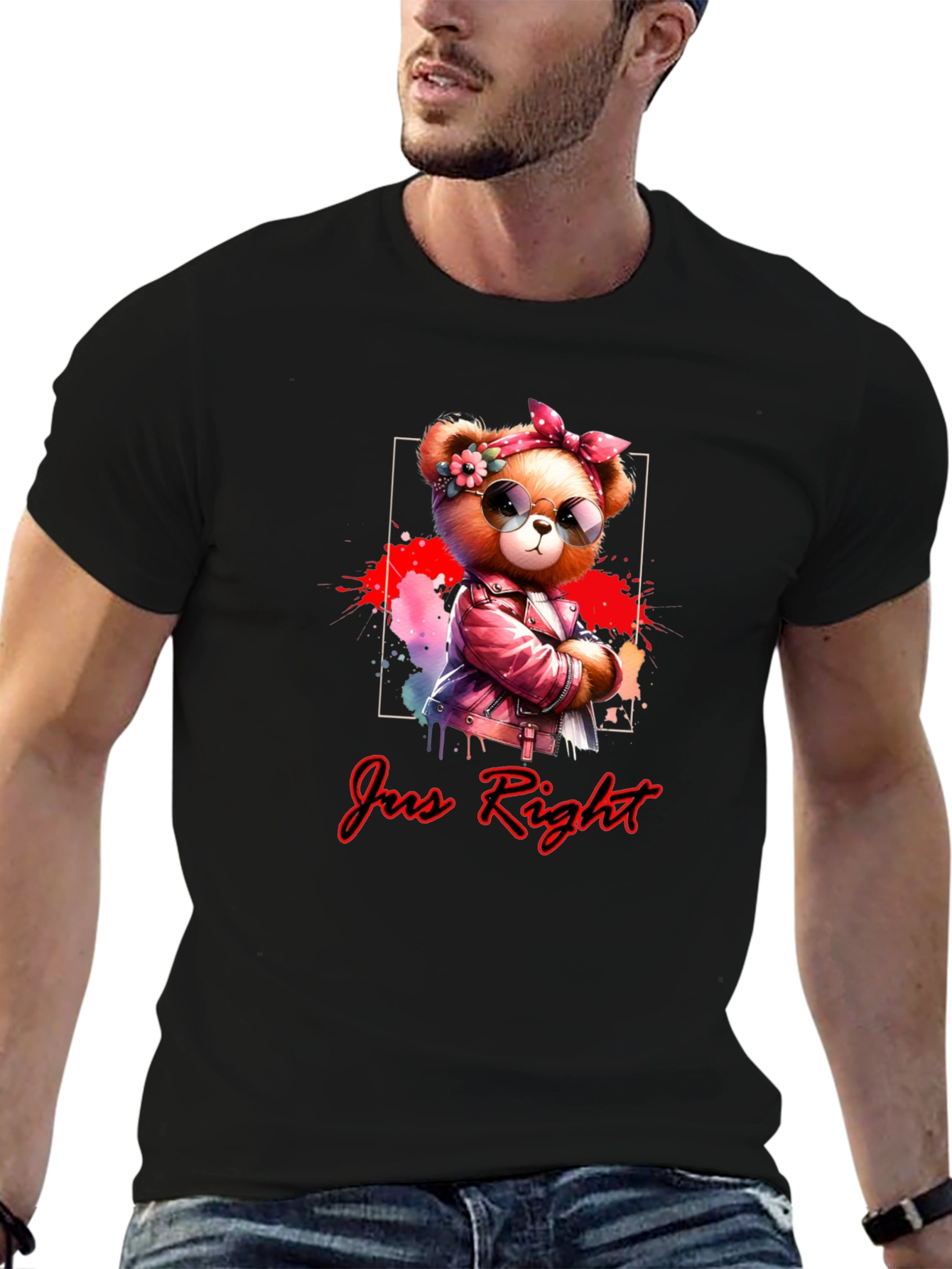 Black Trendy Teddy Bear Graphic Tee - "Jus Right" Black T-Shirt view 6