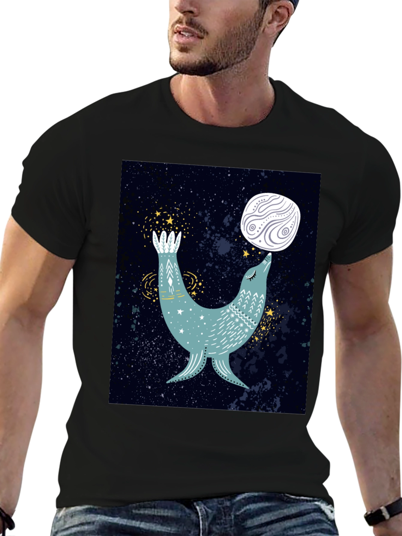 Black Cosmic Seal T-Shirt - Celestial Animal Design view 6