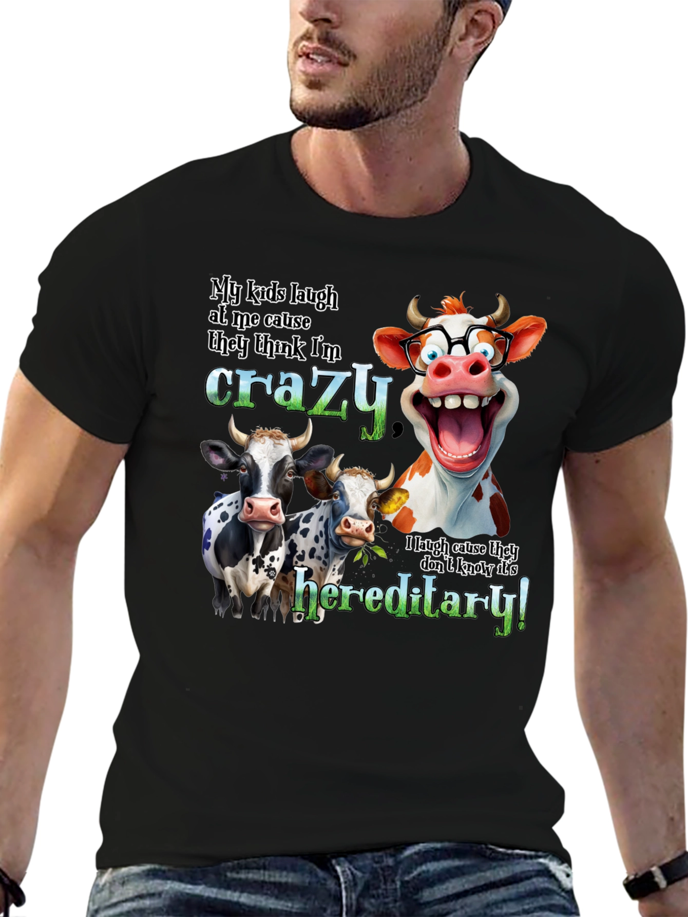 Black Crazy Cow Hereditary Humor T-Shirt view 6