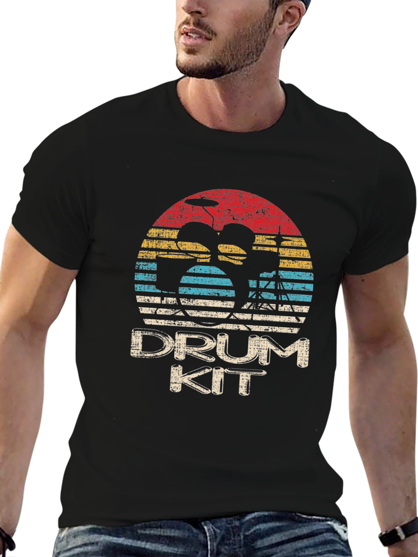Black Retro Drum Kit T-Shirt - Vintage Style view 6