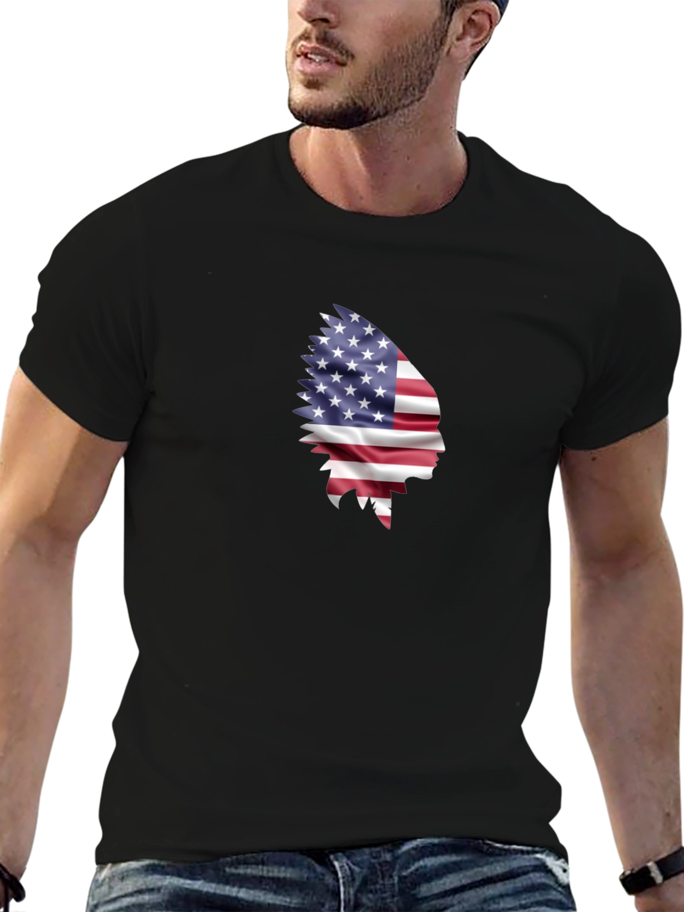 Black American Flag Indian Chief Graphic Tee view 6