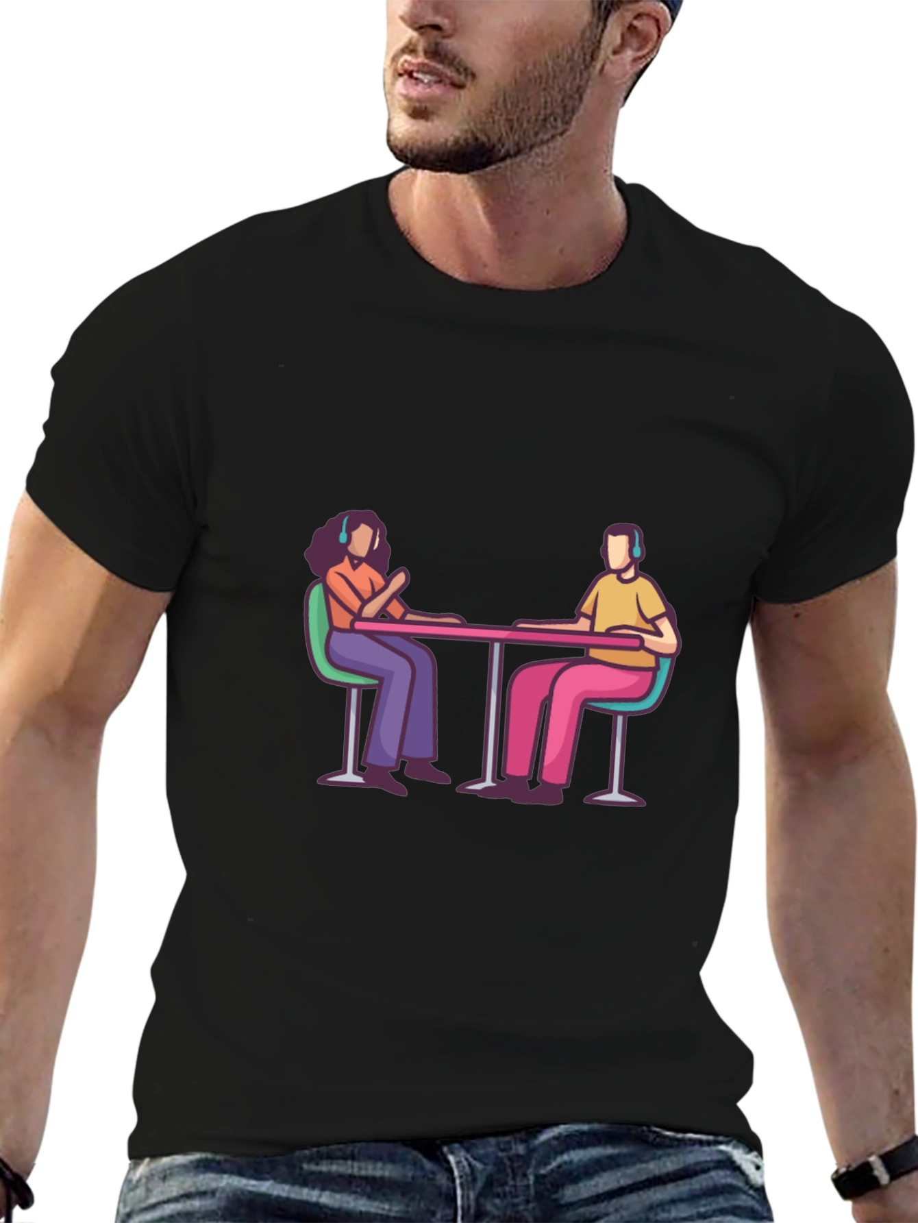 Black Stylish Black Tee with People at Table Graphic view 6