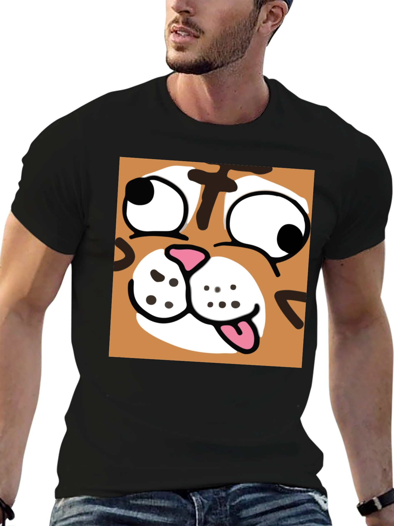 Black Funny Cartoon Cat Graphic Black T-Shirt view 6