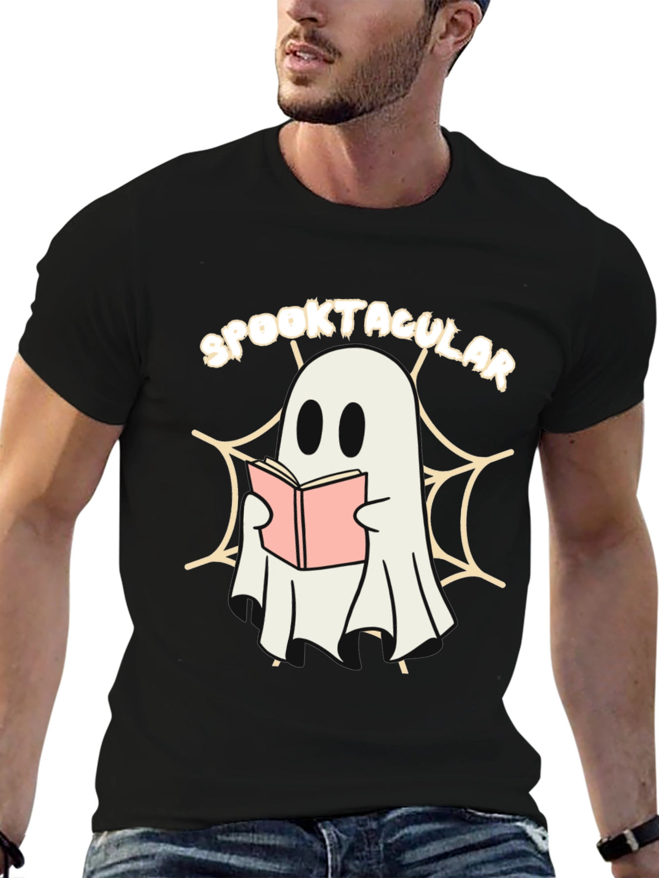 Black Spooktacular Ghost Reading Book T-Shirt view 6