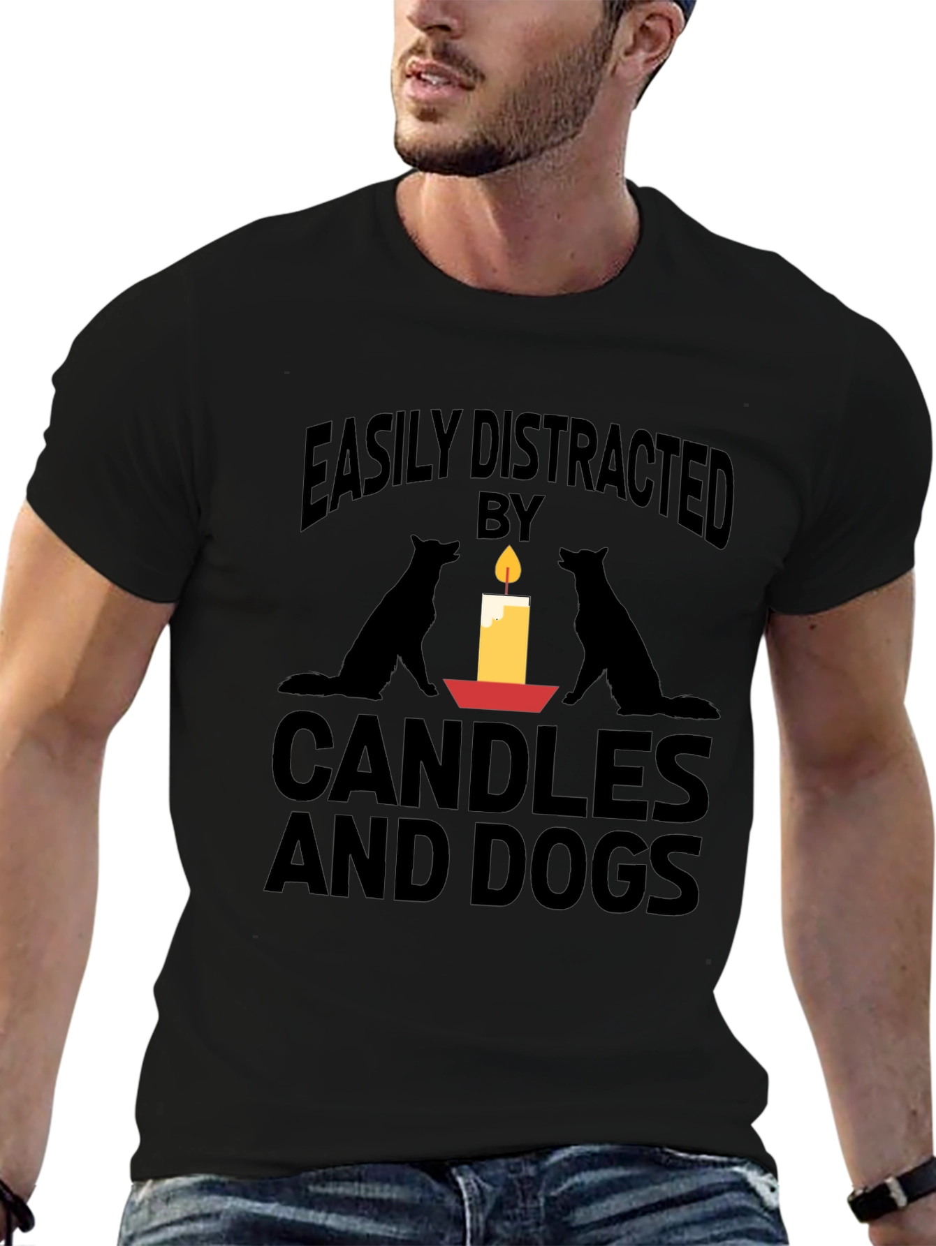 Black Easily Distracted By Candles And Dogs T-Shirt view 6