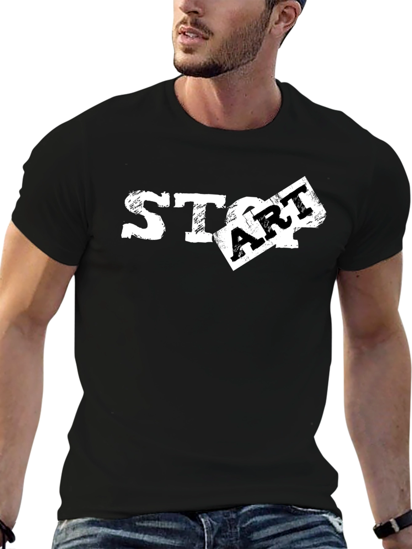 Black Distressed START Graphic Tee - Black Cotton T-Shirt view 6