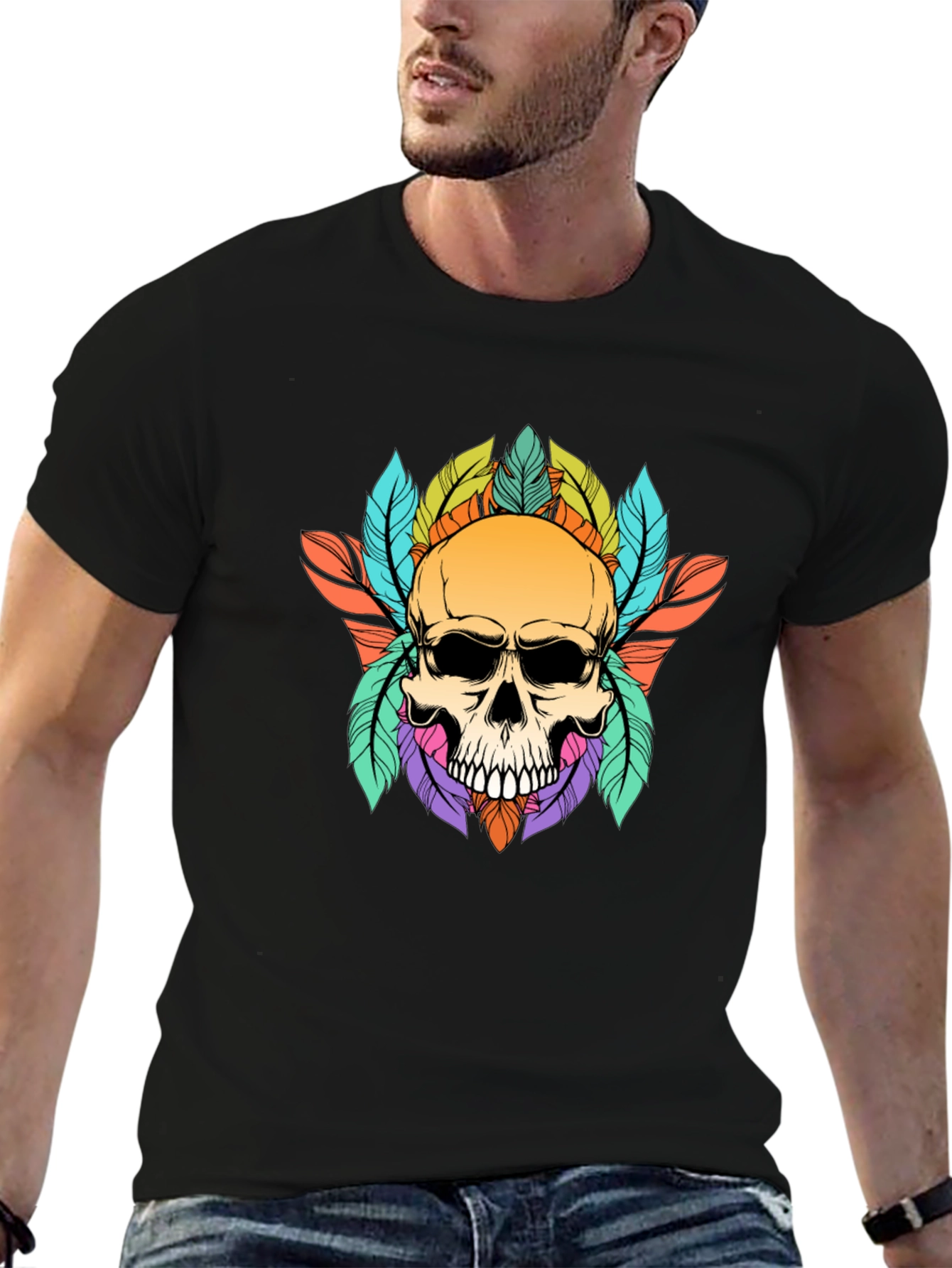 Black Skull & Feathers Graphic Black T-Shirt view 6