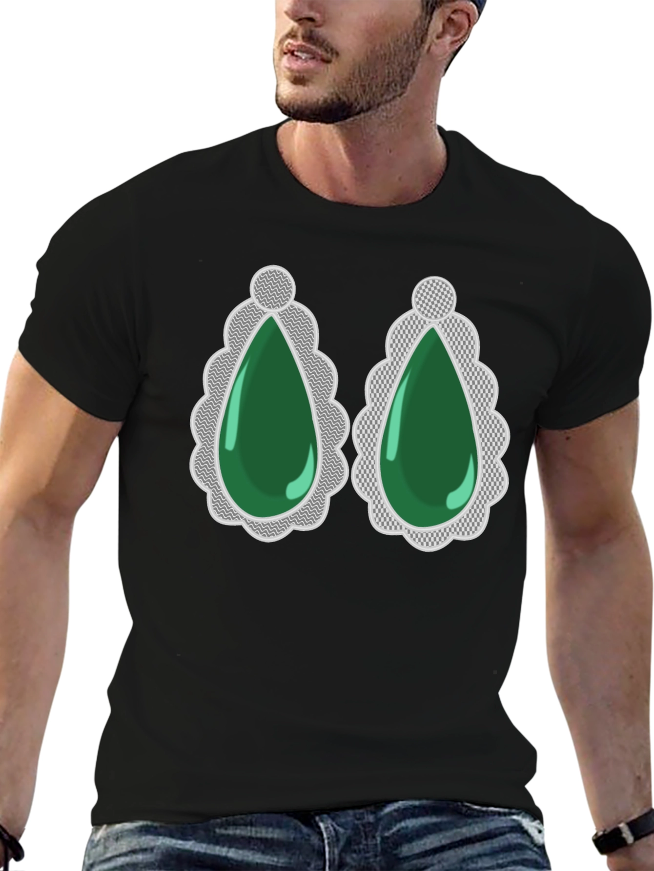 Black Emerald Gemstone Drop Earrings Graphic Tee view 6