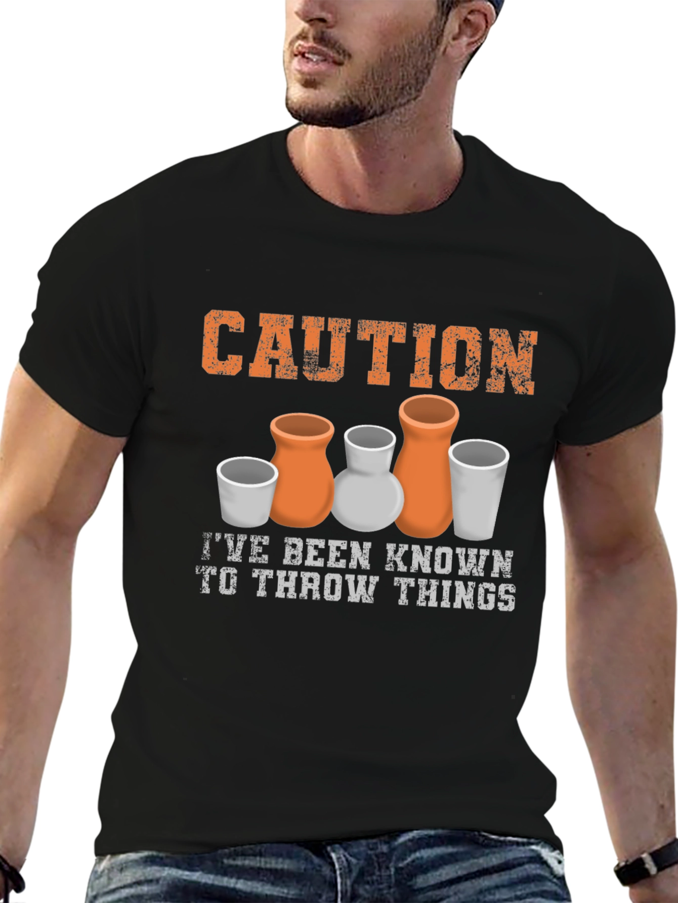 Black Caution I Throw Things Pottery T-Shirt view 6