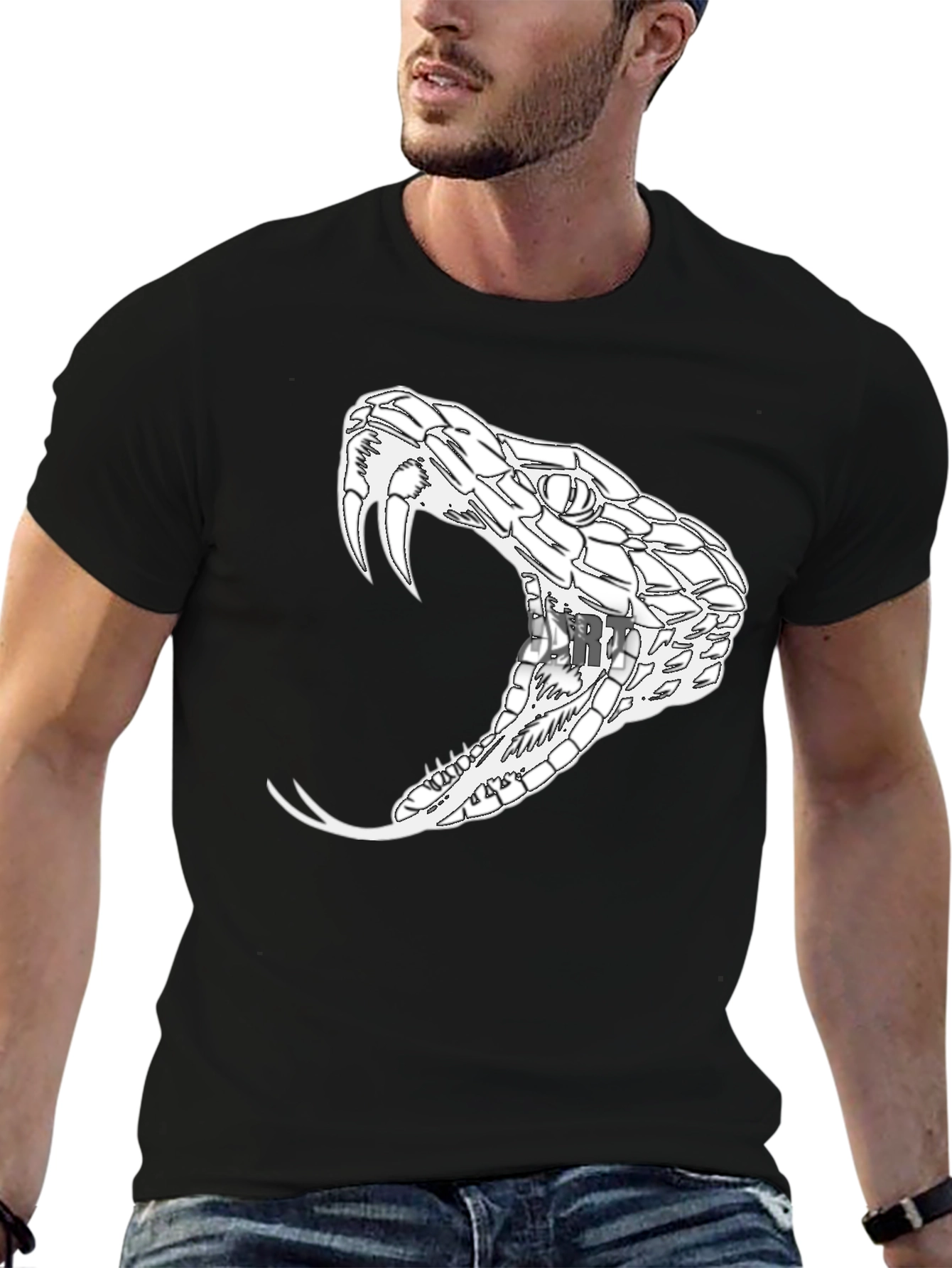 Black Men's Black T-Shirt with Snake Graphic view 6