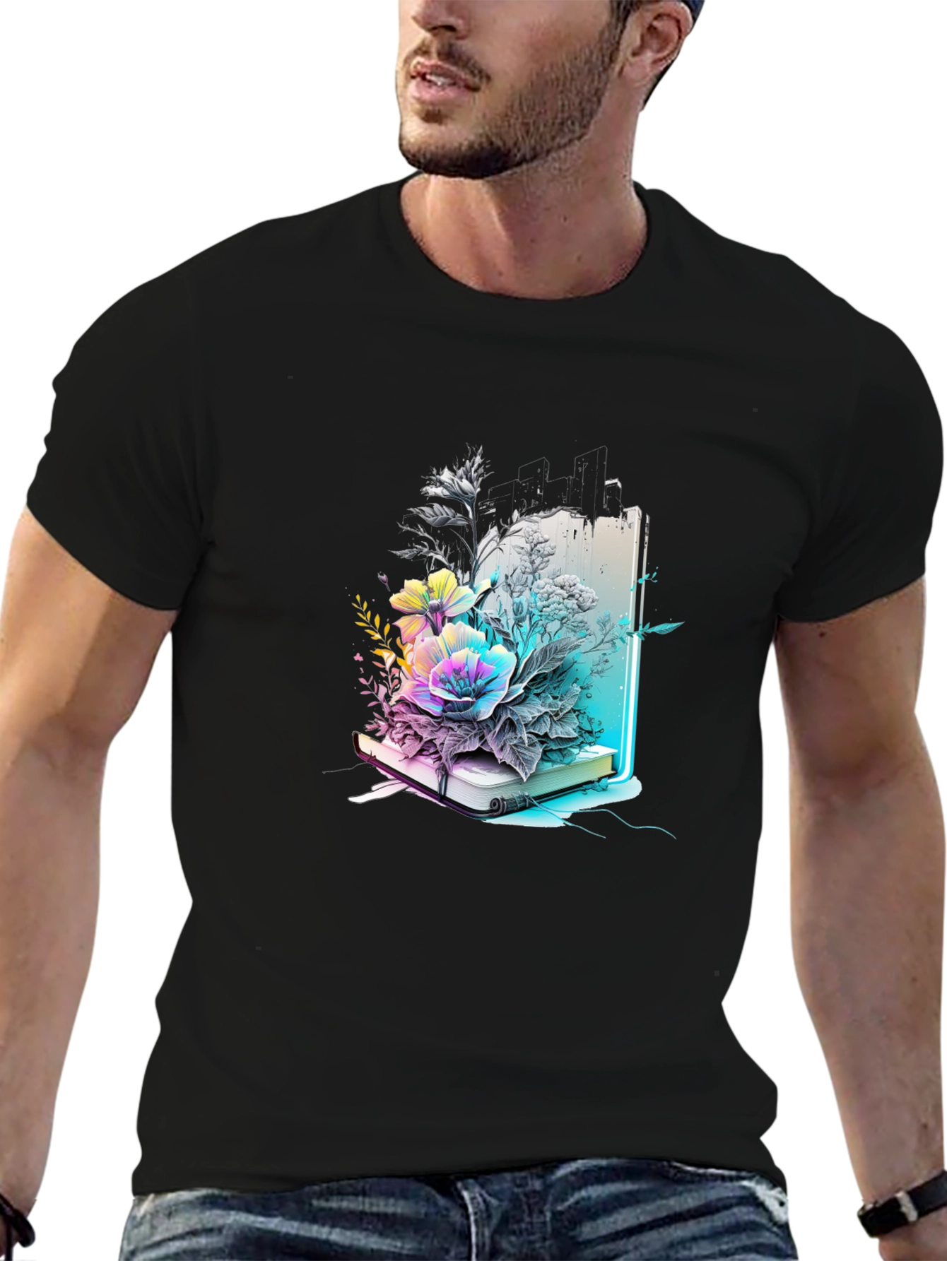 Black Floral Bookworm Tee - Artistic Graphic T-Shirt view 6