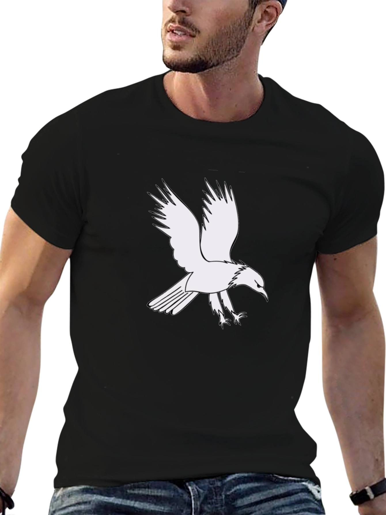 Black Men's Black T-Shirt with White Eagle Graphic view 6