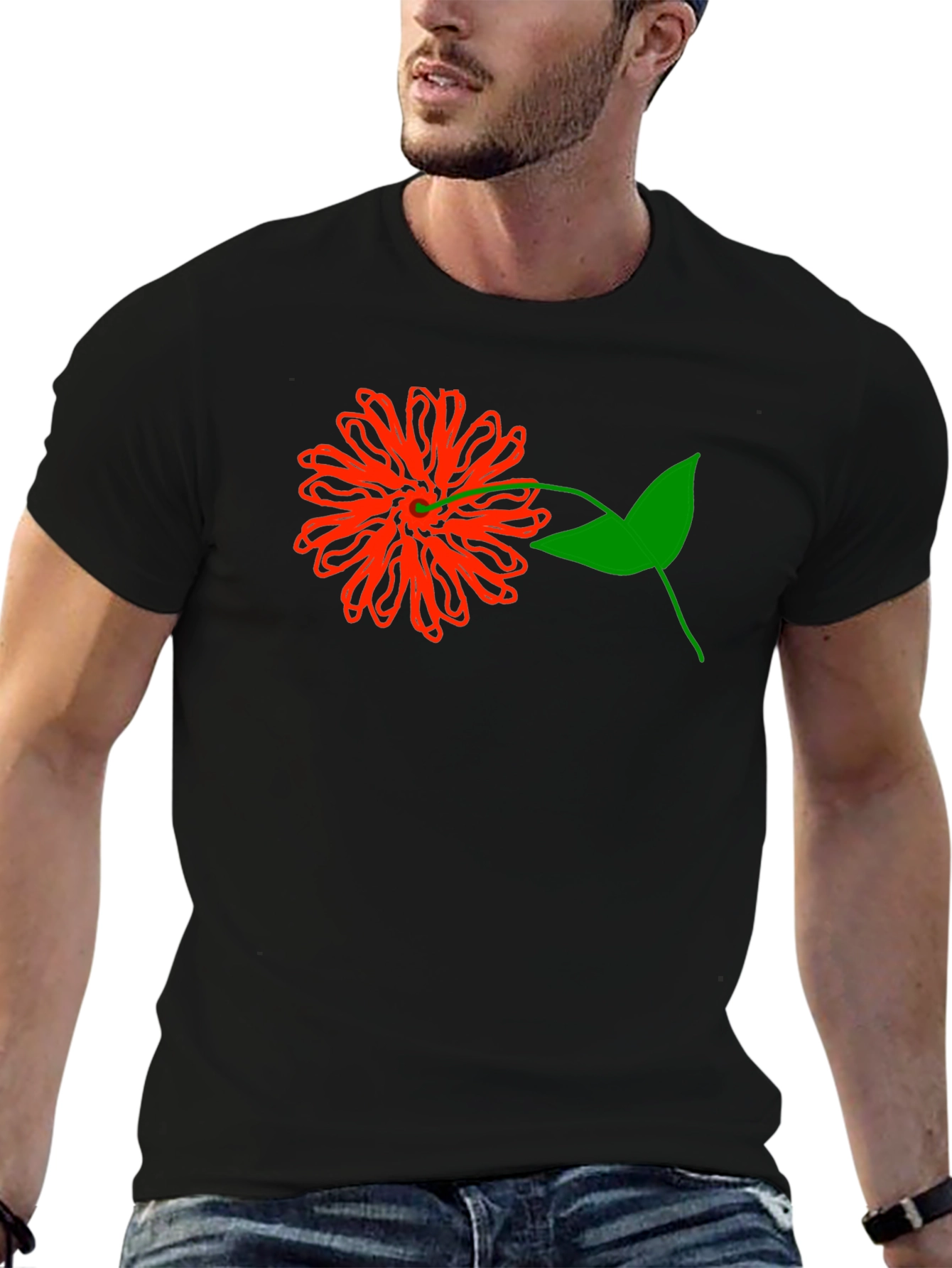 Black Red Flower Graphic Tee - Black Cotton T-Shirt view 6