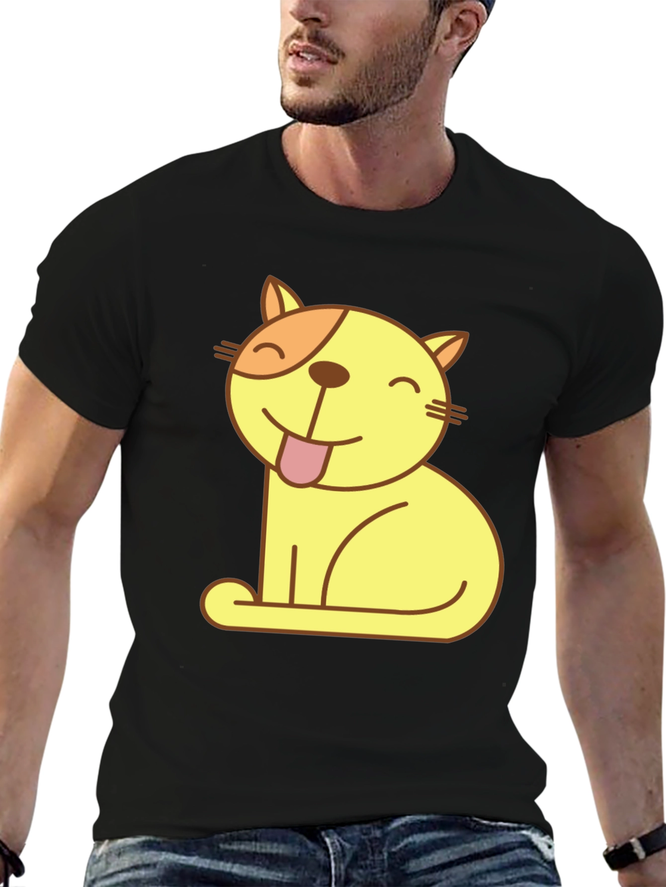 Black Cute Cartoon Cat Black T-Shirt view 6