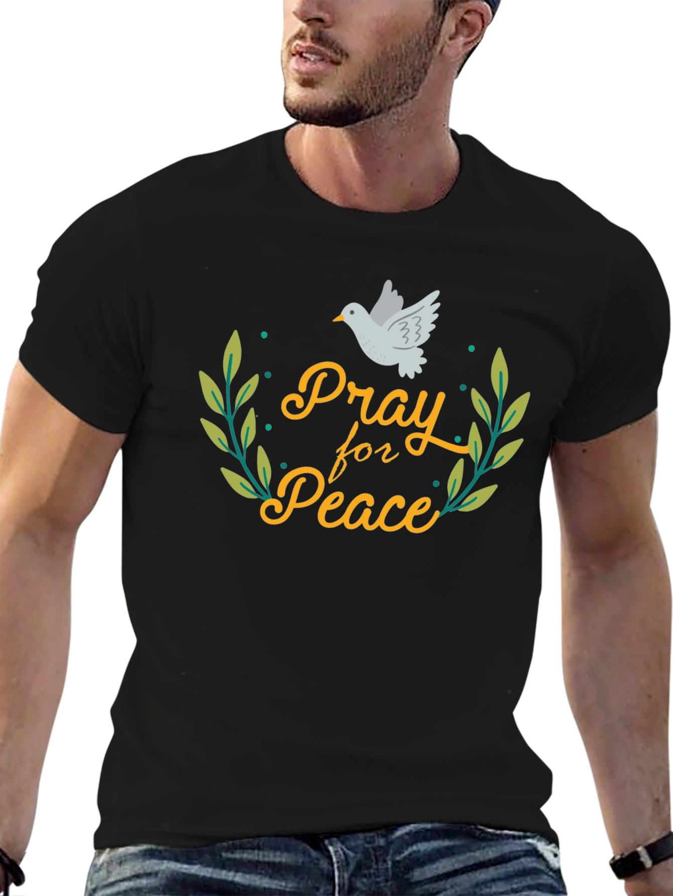 Black Pray for Peace Dove T-Shirt - Black view 6