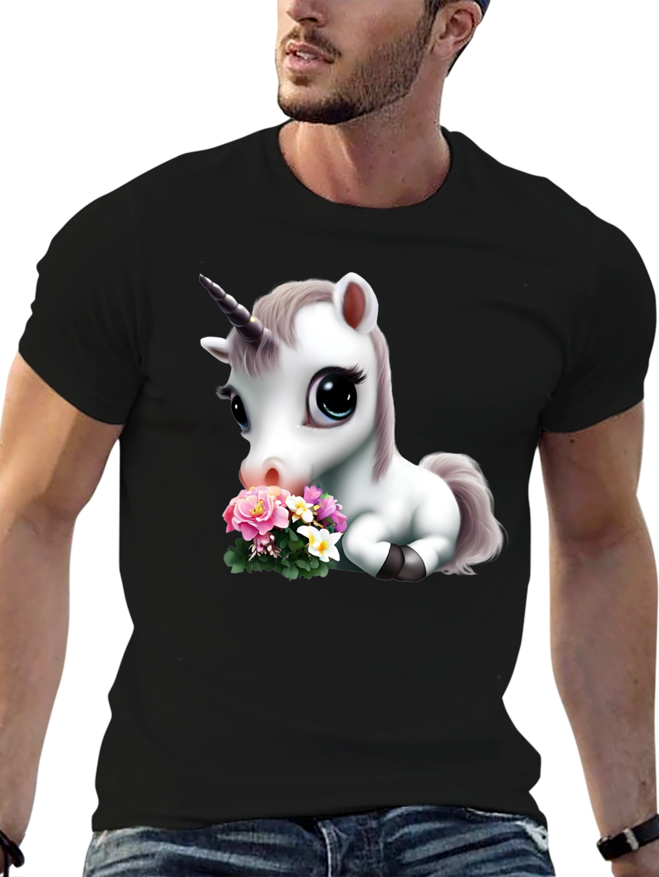 Black Cute Unicorn with Flowers Graphic T-Shirt view 6