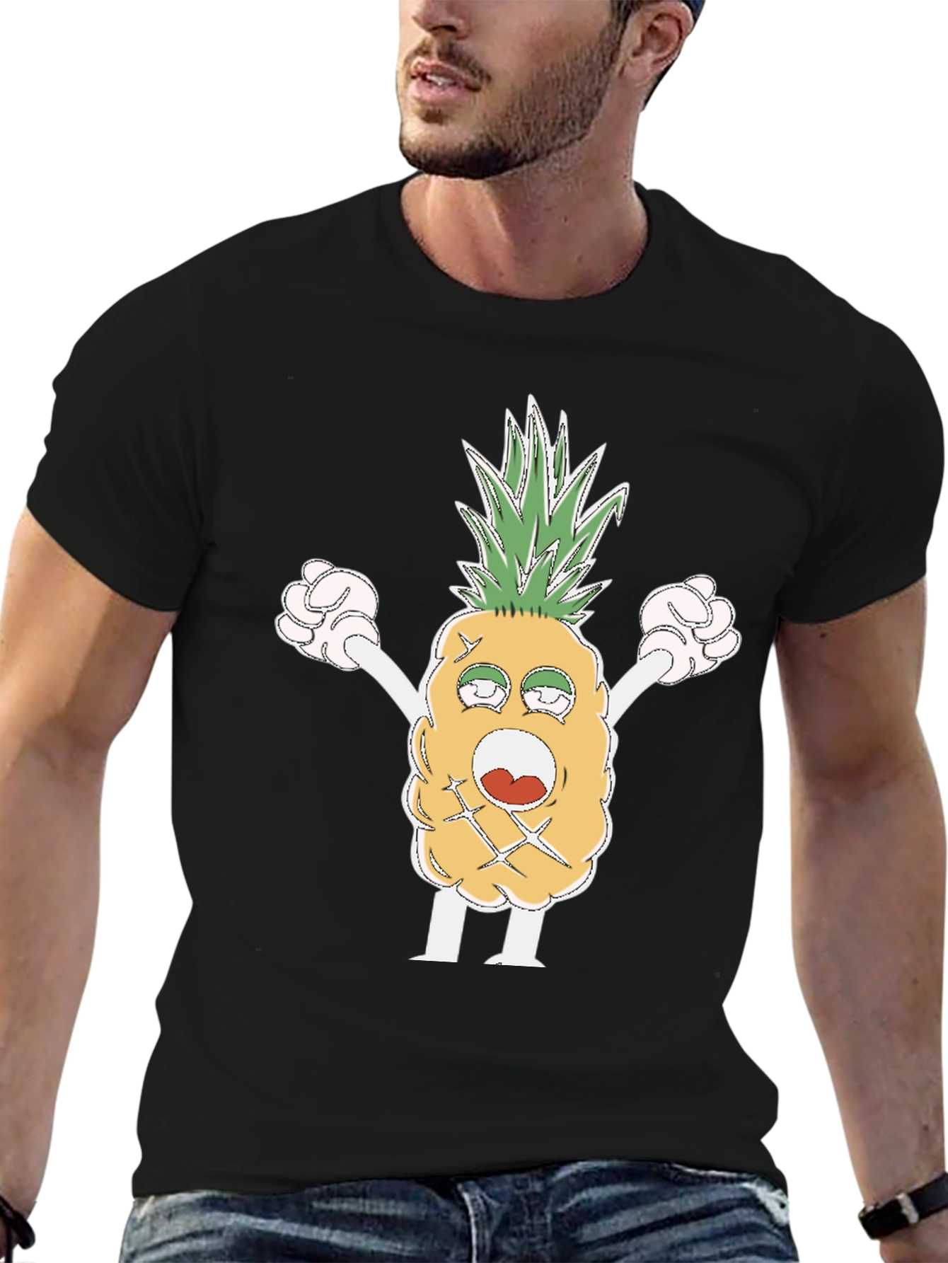 Black Funny Pineapple Cartoon T-Shirt - Black view 6
