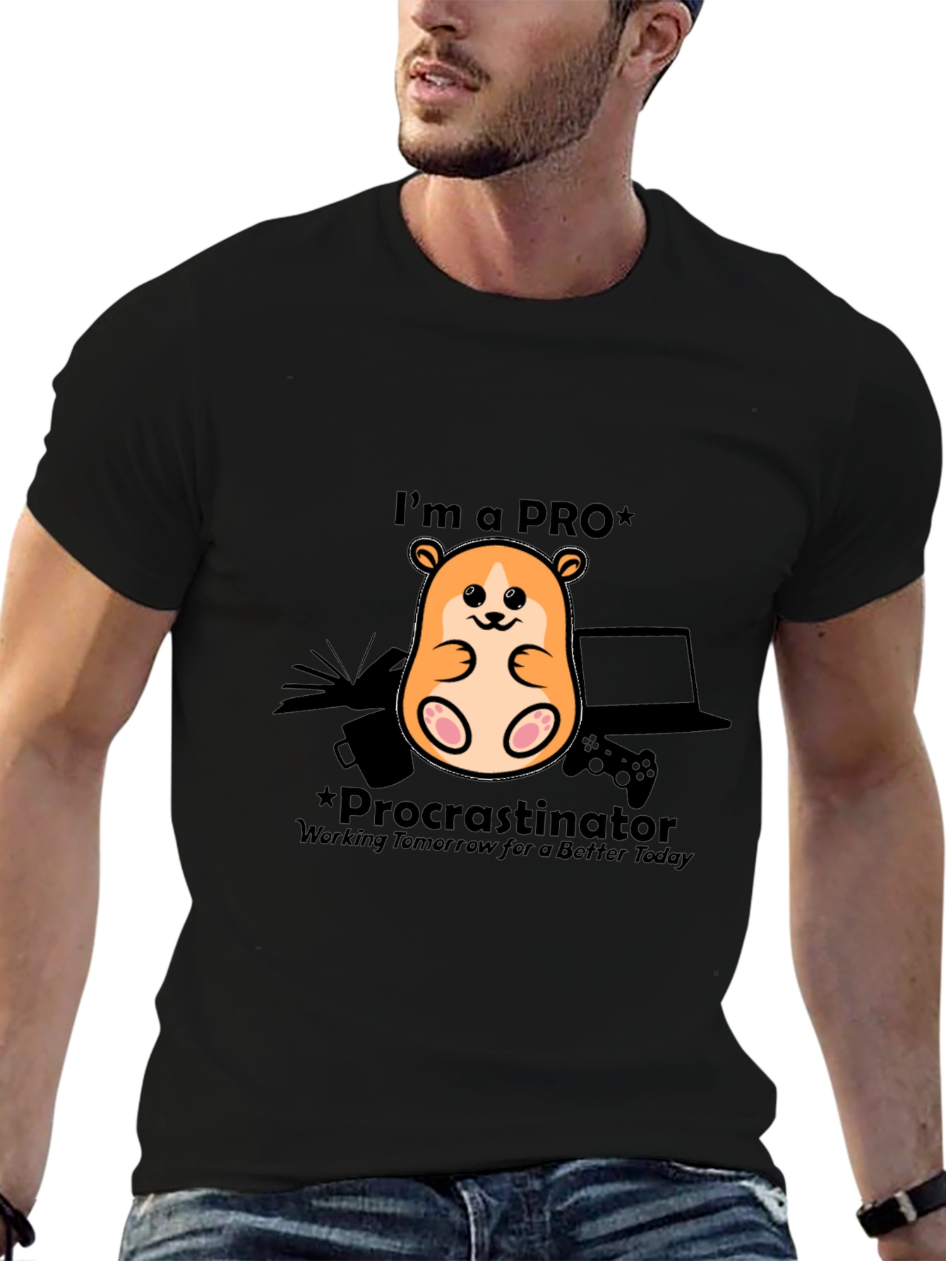 Black Procrastinator Gamer T-Shirt - Funny Hamster Design view 6
