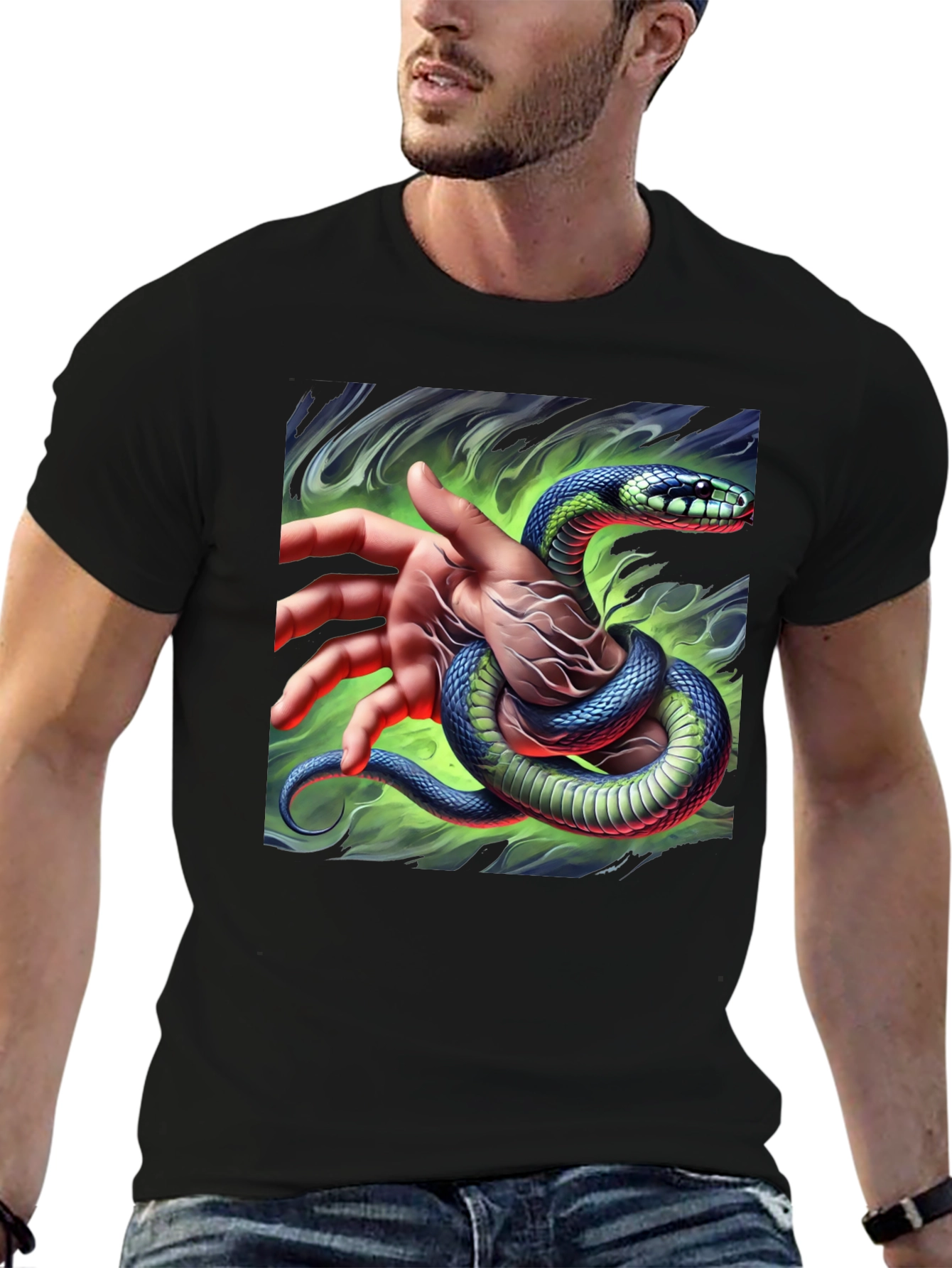 Black Mystic Snake Graphic Tee - Black Cotton T-Shirt view 6
