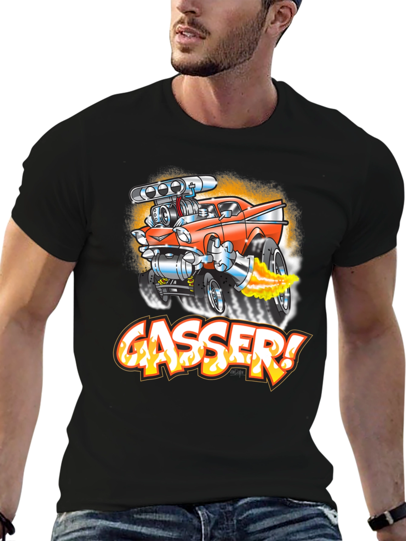 Black Gasser Cartoon Car Graphic T-Shirt view 6